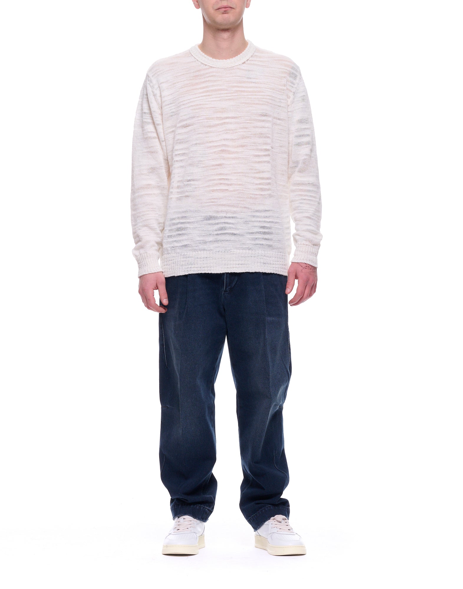 Atomofactory Jersey de hombre en mezcla de lino con cuello redondo flameado blanco PE26AFU19 01 WHITE