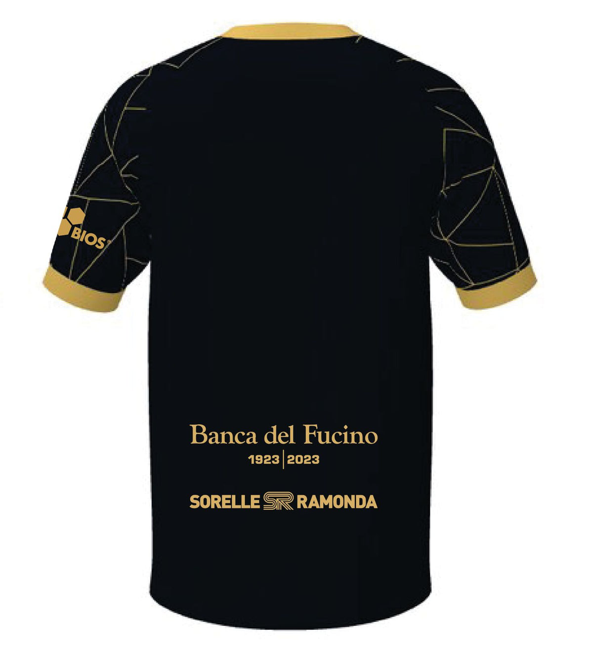 Maglia nera FC Arzignano Valchiampo Centenario 2026/27 vista posteriore, dettagli geometrici oro sulle maniche e sponsor Banca del Fucino e Sorelle Ramonda