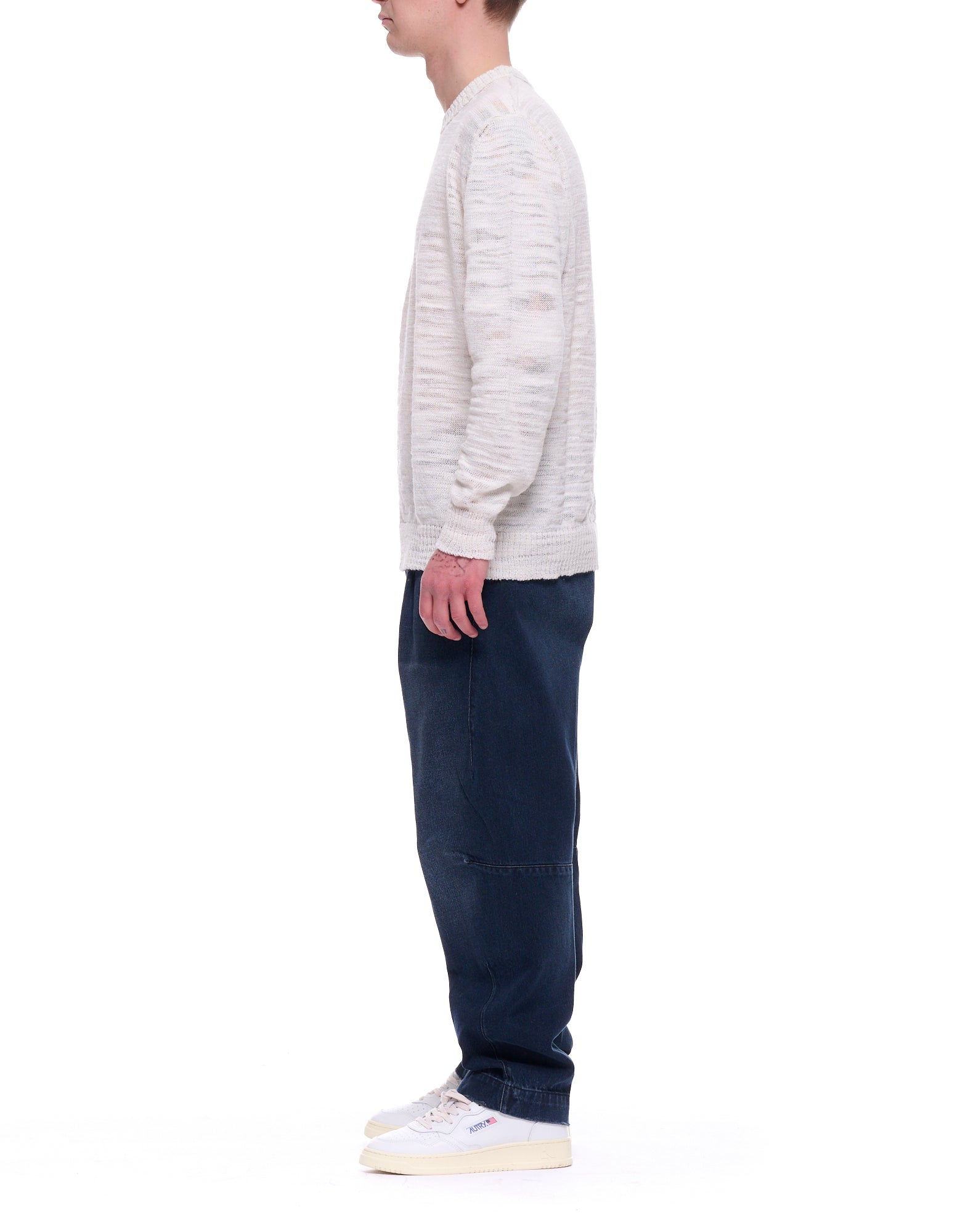 Atomofactory Jersey de hombre en mezcla de lino con cuello redondo flameado blanco PE26AFU19 01 WHITE