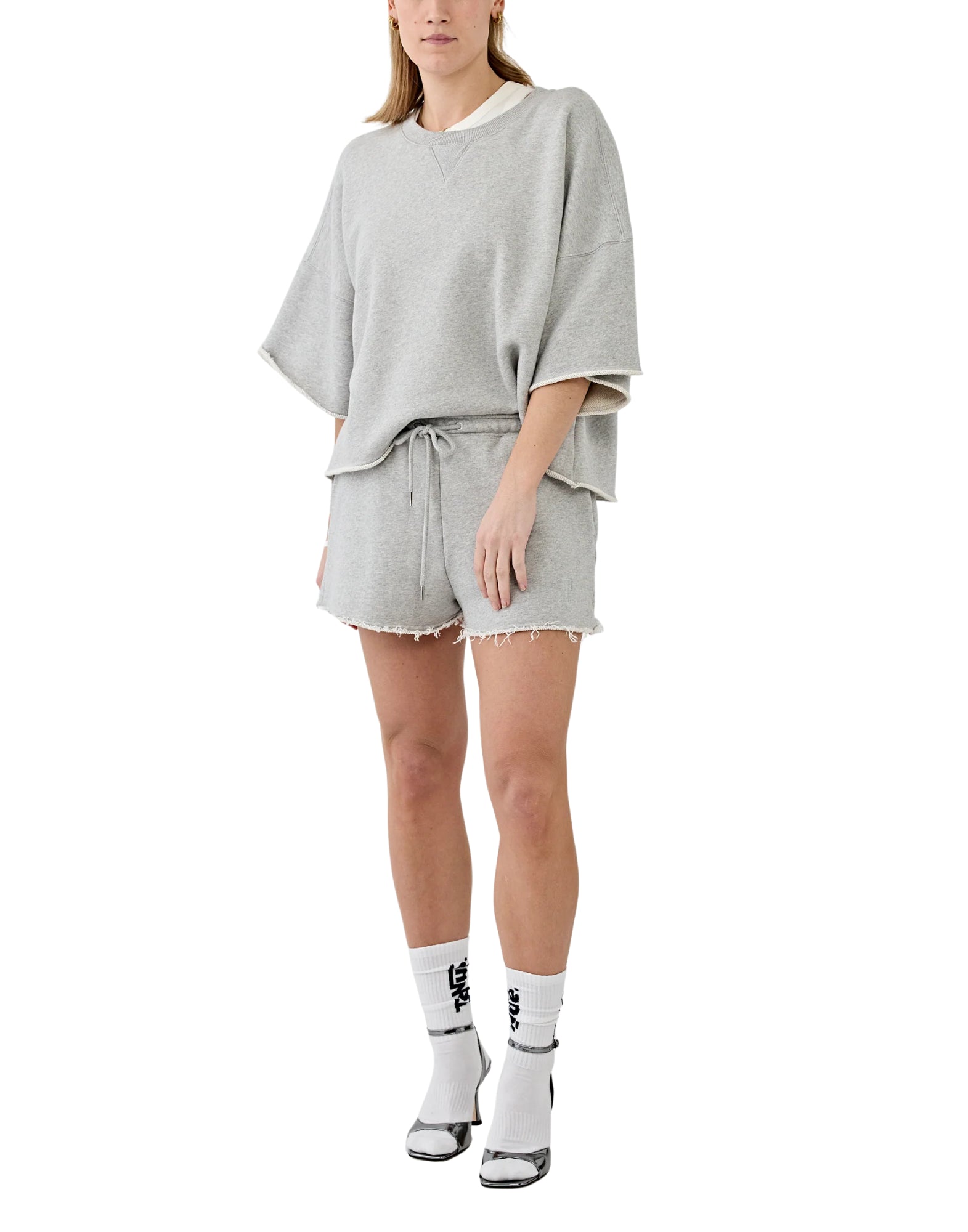 임기. 하퍼 스웨트 그레이 멜란지 크롭 Short 슬리브 오버사이즈 미드웨이트 져지 SWEAT GRAY