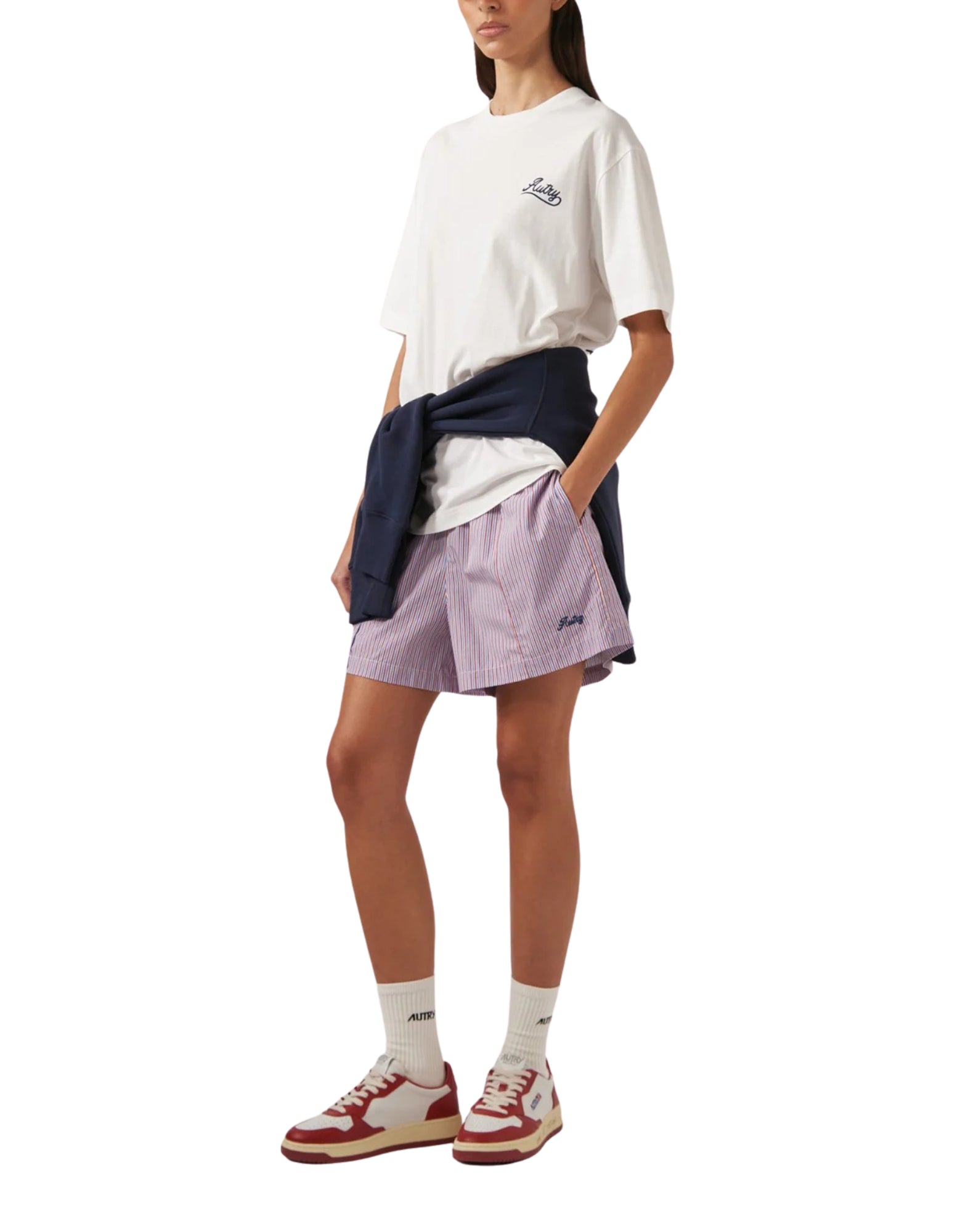 Autry Women’s Striped Poplin Shorts 100% Cotton Red Light Blue White SHPW 021T