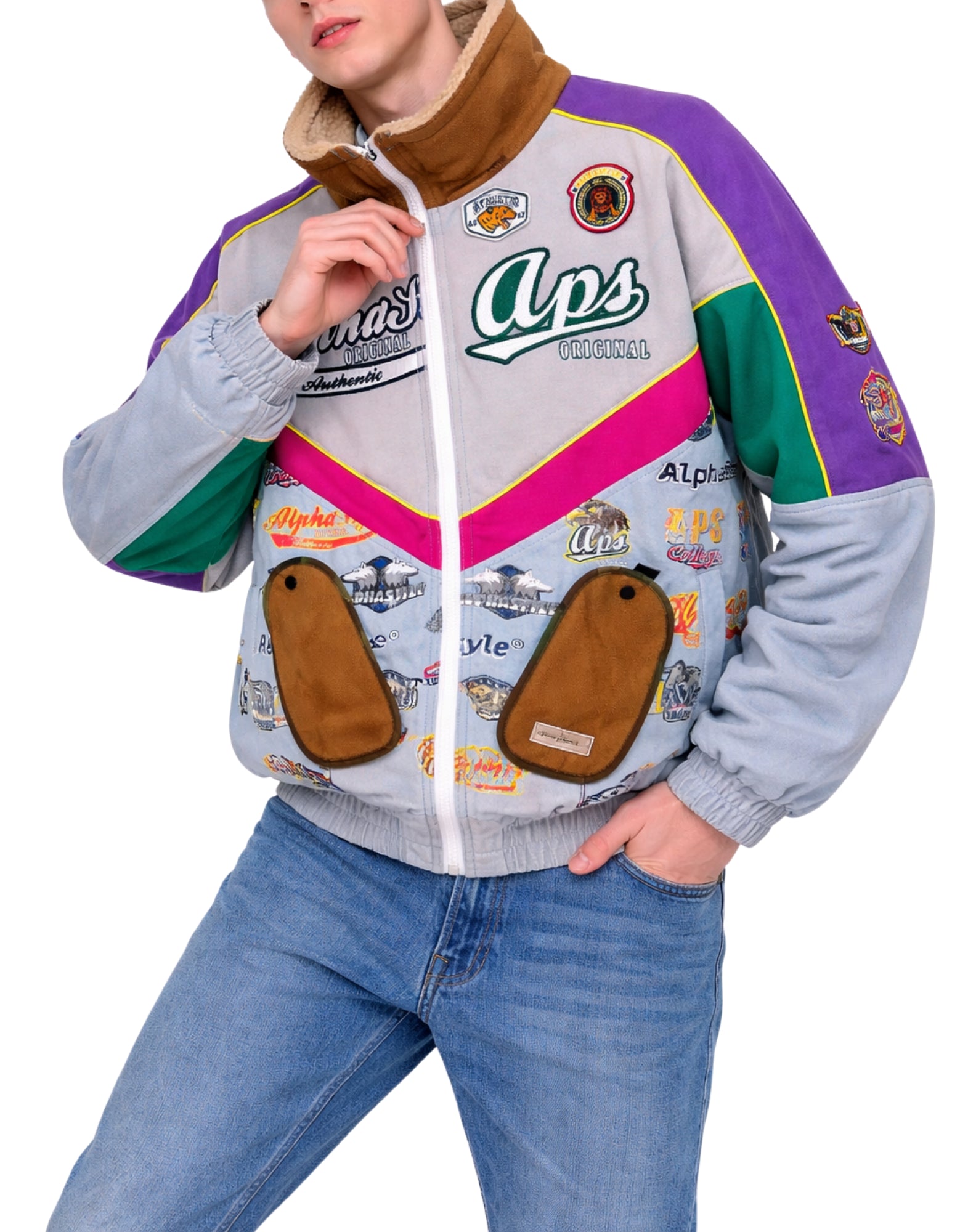 Veste Patchwork Homme Alpha Style Multicolore avec Zip et Col Haut 3007 VIOLA