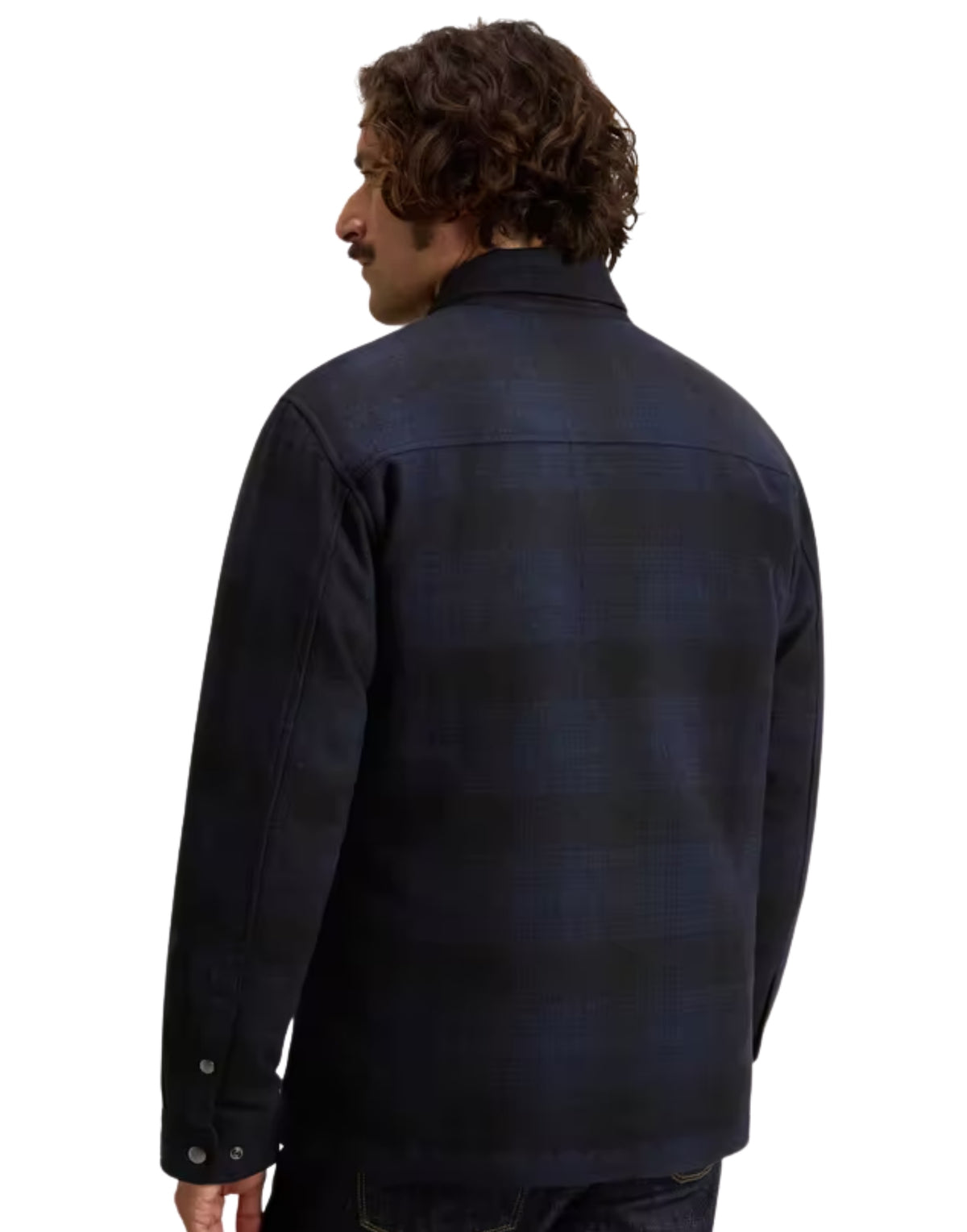 Men's Woolrich Alaskan Check blue jacket, rear worn view showing tonal check pattern