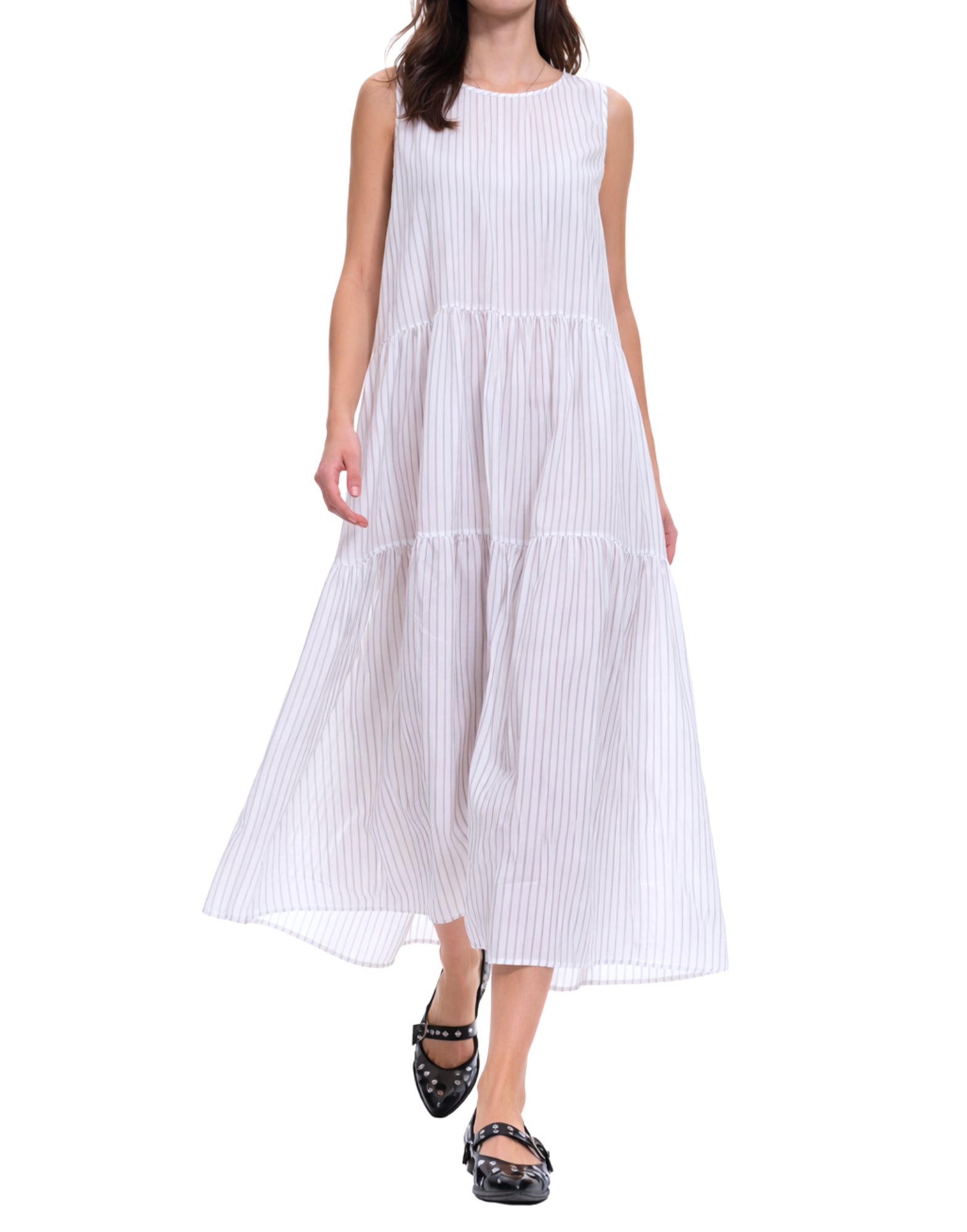 Women’s Black/White Striped Long Dress in Modal, Sleeveless, Wide Neckline, Button Closure M6EV00 R9110 STRIPED