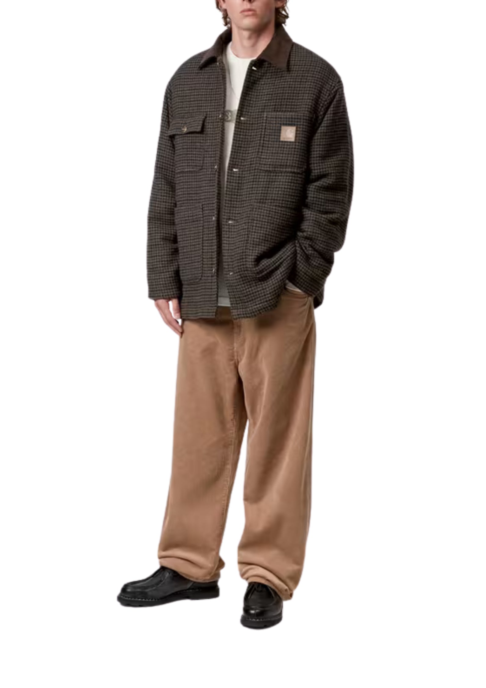 Carhartt WIP Lowis Chore Coat – Veste de travail pied-de-poule pour homme avec doublure matelassée I035344 35MXX CHORE LOWIS BROWN WOOL JACKET