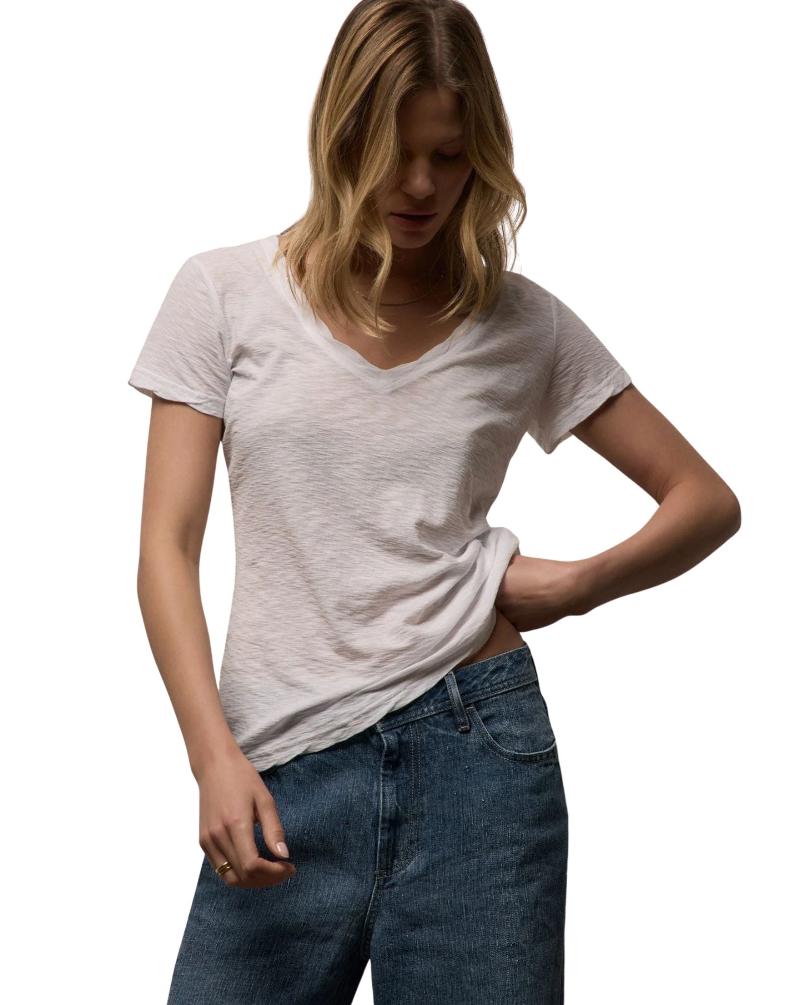 James Perse Women's Sheer Slub Casual V Neck T-Shirt White 100% Cotton Slim Fit WUA3695 WHT T-SHIRT