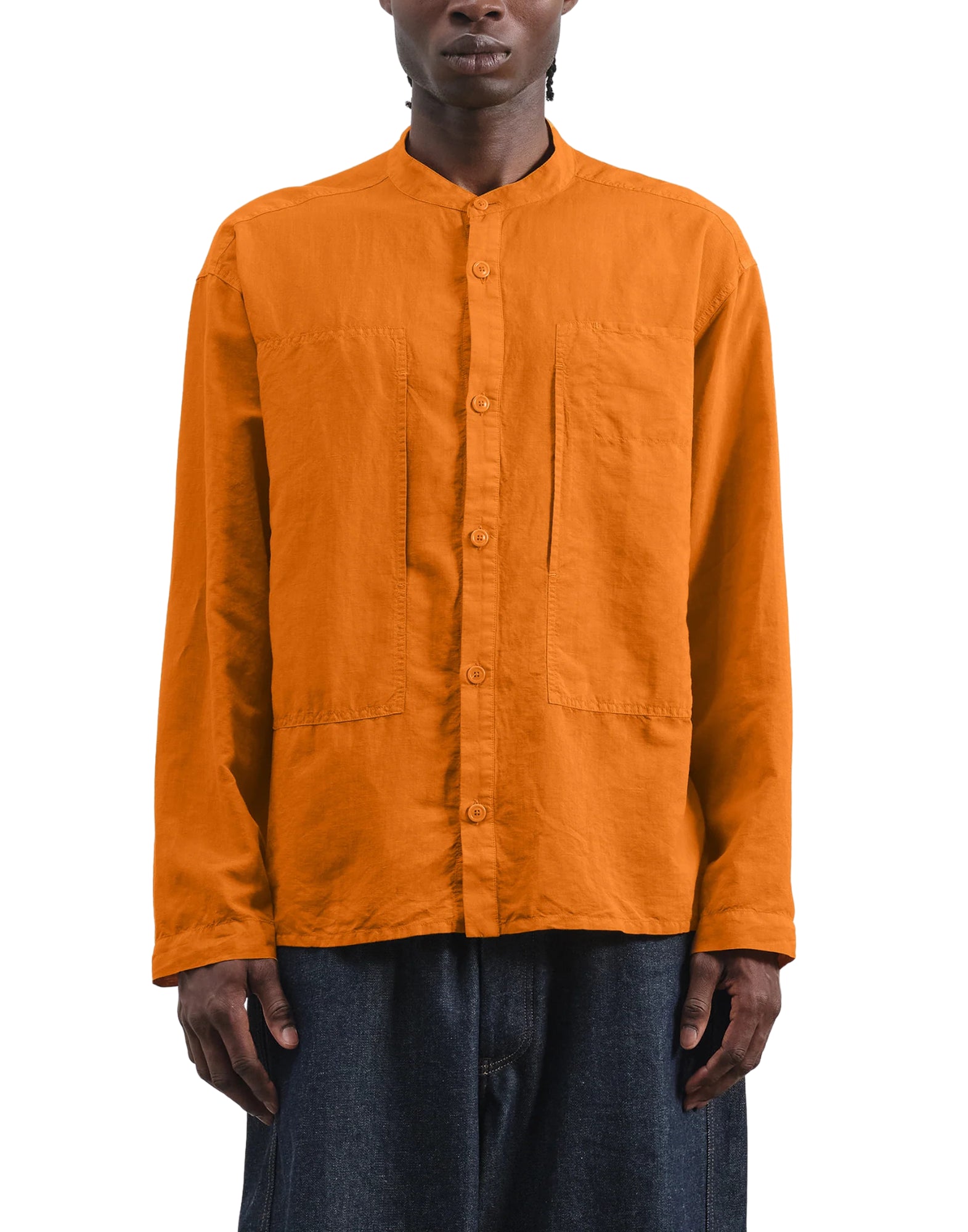 YMC Hawkeye Collarless Shirt Orange Men’s | Cotton/Linen/Cupro Blend P2AAG 80 ORANGE