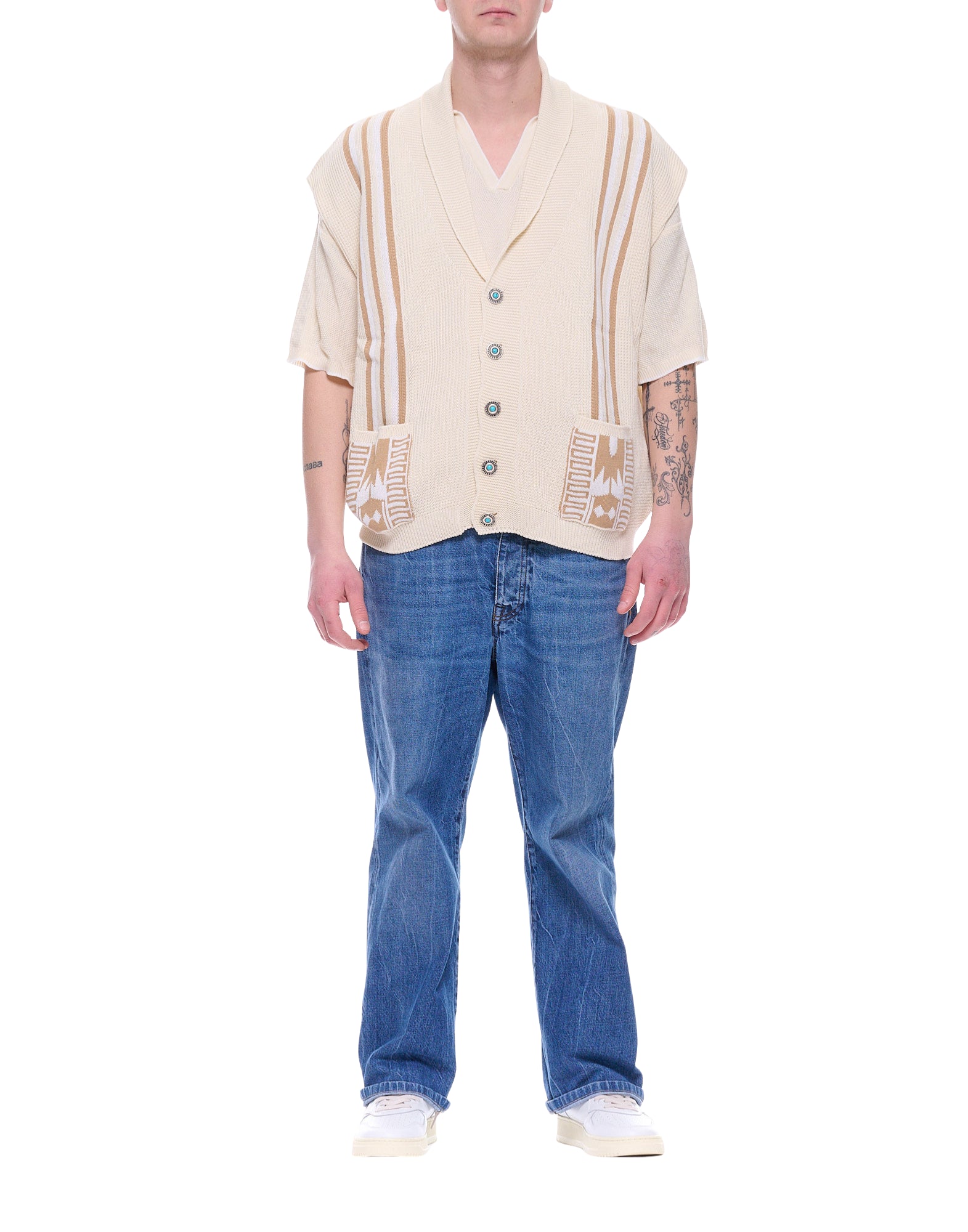 Tela Cruda Japan Men’s Ivory Knit Vest with Contrast Motifs M002 232 JAPAN