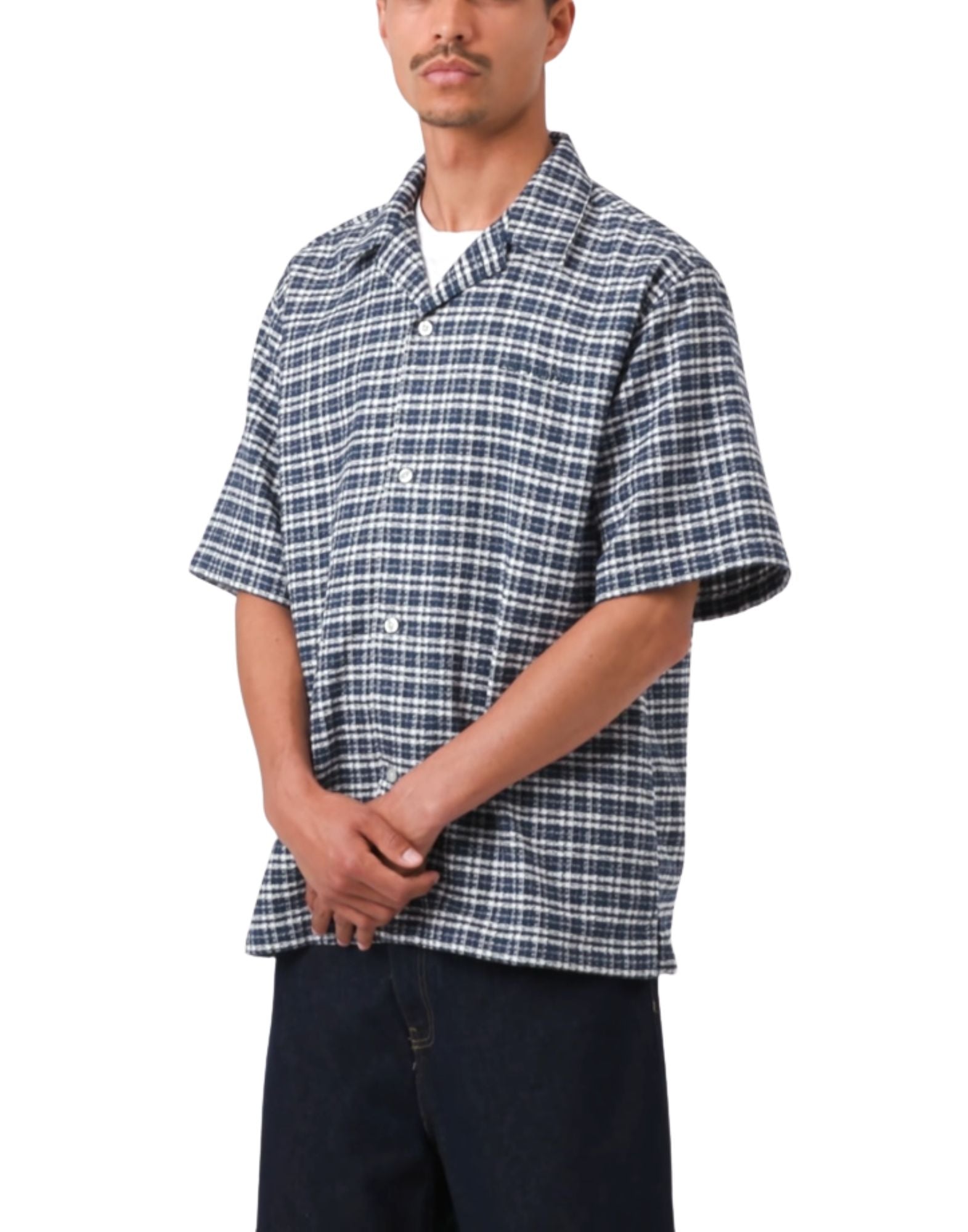 Carhartt WIP S/S Kanderskjorta i bomull Blue River rutig kortärmad för män I036194 3JQXX03 BLU SQUARED
