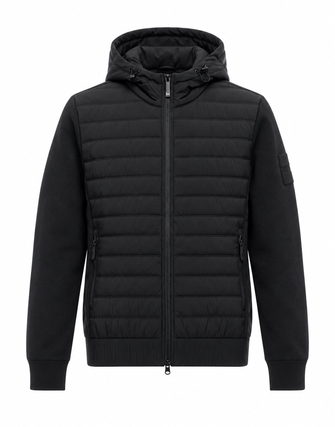 OUTHERE men’s black Quilted Jacket, on-model front view, with quilted front, hood and central zip
4639M579C178-26146 1749