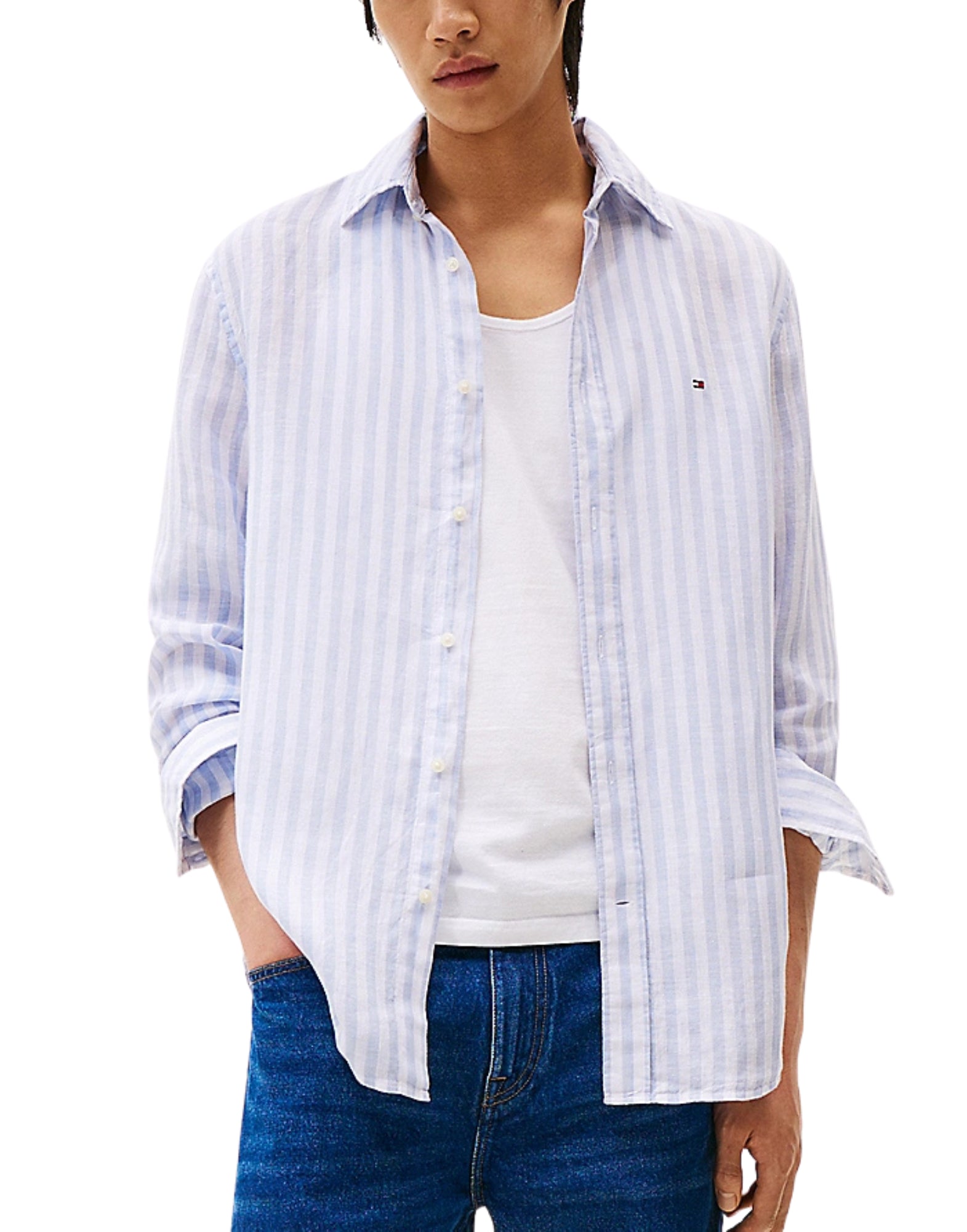 Shirt Man MW0MW38581 0A4 Linen Essential Stripe TOMMY HILFIGER