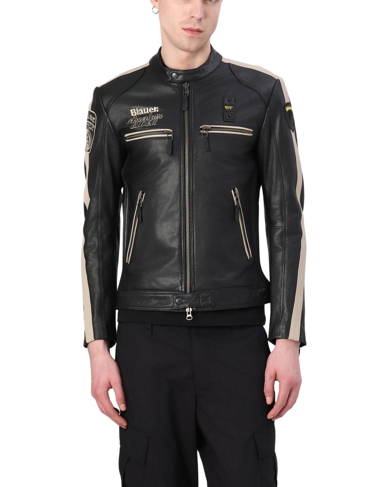 Blauer Garner Leather Jacket Black Slim Fit with Stand Collar for Men 26SBLUL02439-007521 999