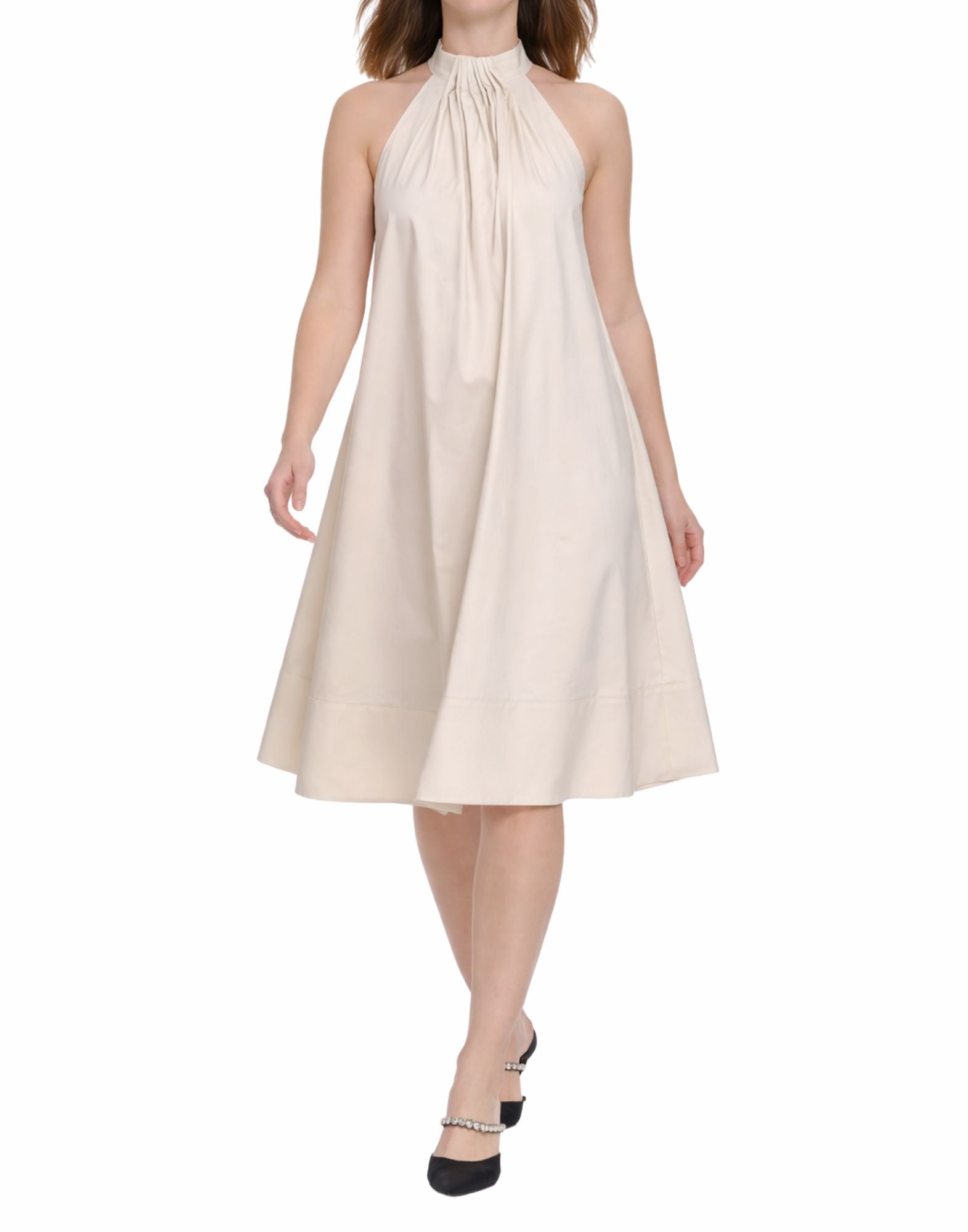 Hira Midi Halter Dress Cotton Blend Beige Relaxed Fit Women W326 003