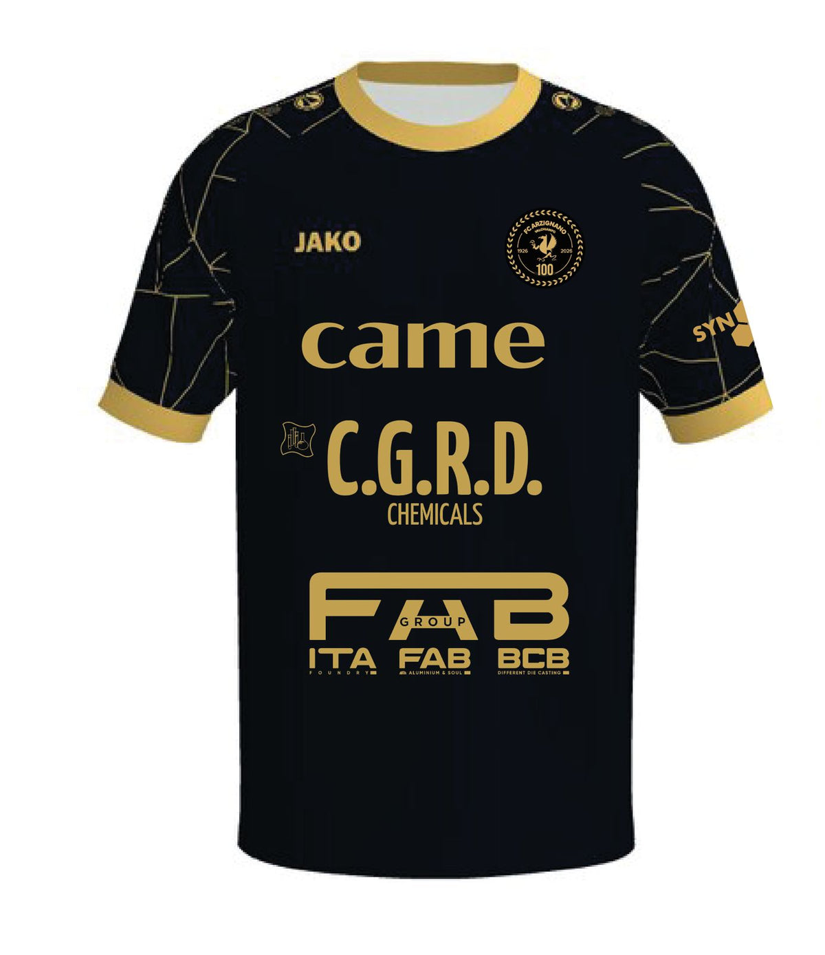 Maglia nera e oro FC Arzignano Valchiampo Centenario 2026/27 JAKO, fronte con stemma 100 anni e sponsor CAME, C.G.R.D. e FAB Group