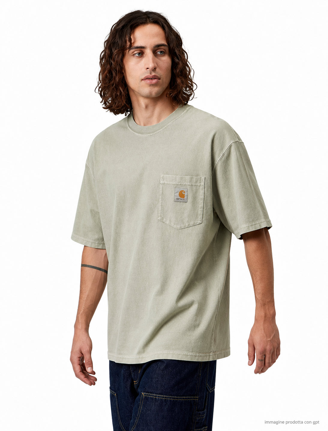 Loose Pocket T-Shirt Organic Cotton Single Jersey Shady Green garment dyed