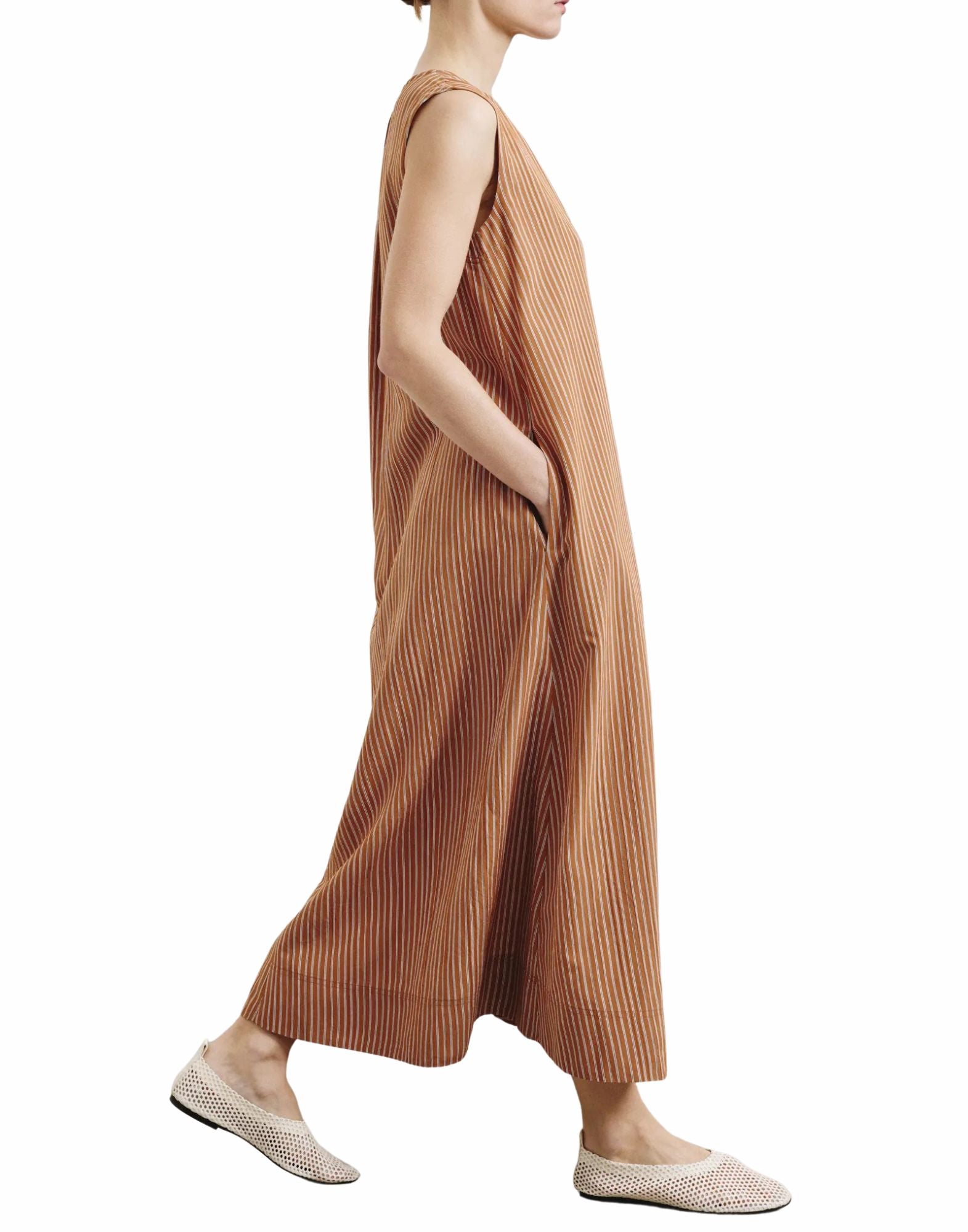 Pomandère long striped technical viscose dress in Apricot for women 261-3319/19028 420
