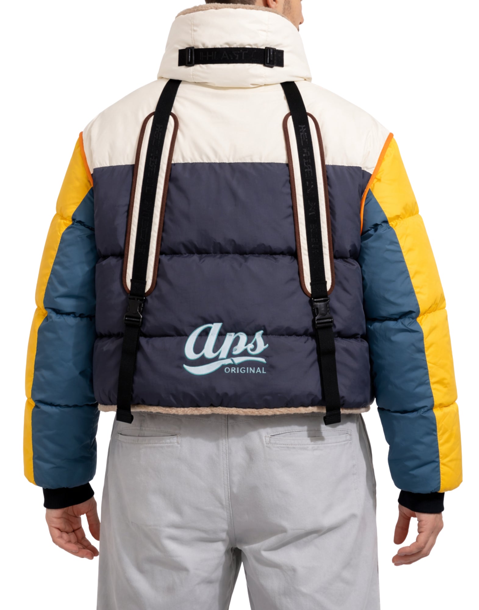 Chaqueta acolchada de nailon con capucha Alpha Style APS para hombre en color blanco, amarillo y azul 3001 BIANCO BLU