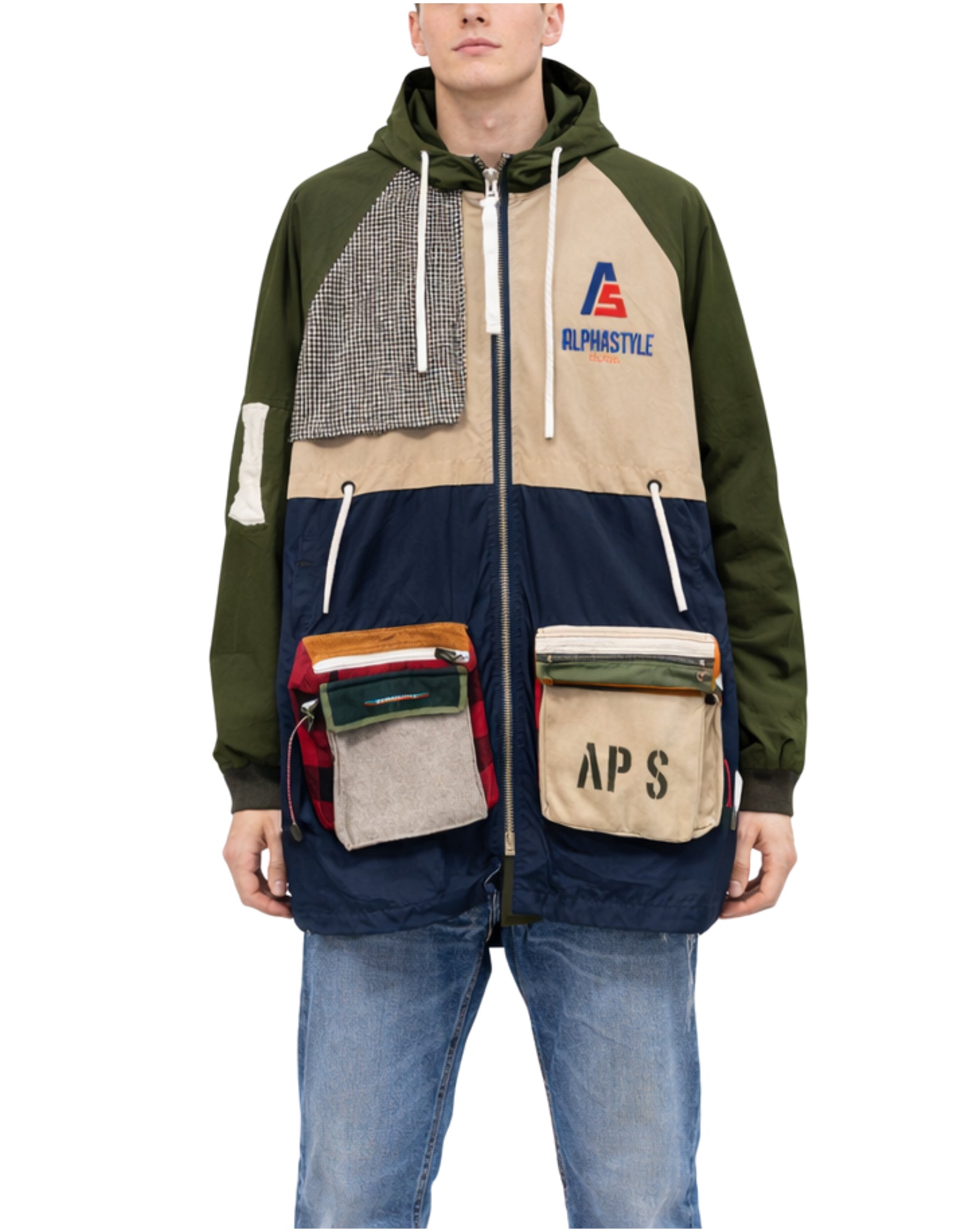 Parka Hombre Alpha Style Patchwork Multicolor con Capucha y Cremallera 3027 VERDE