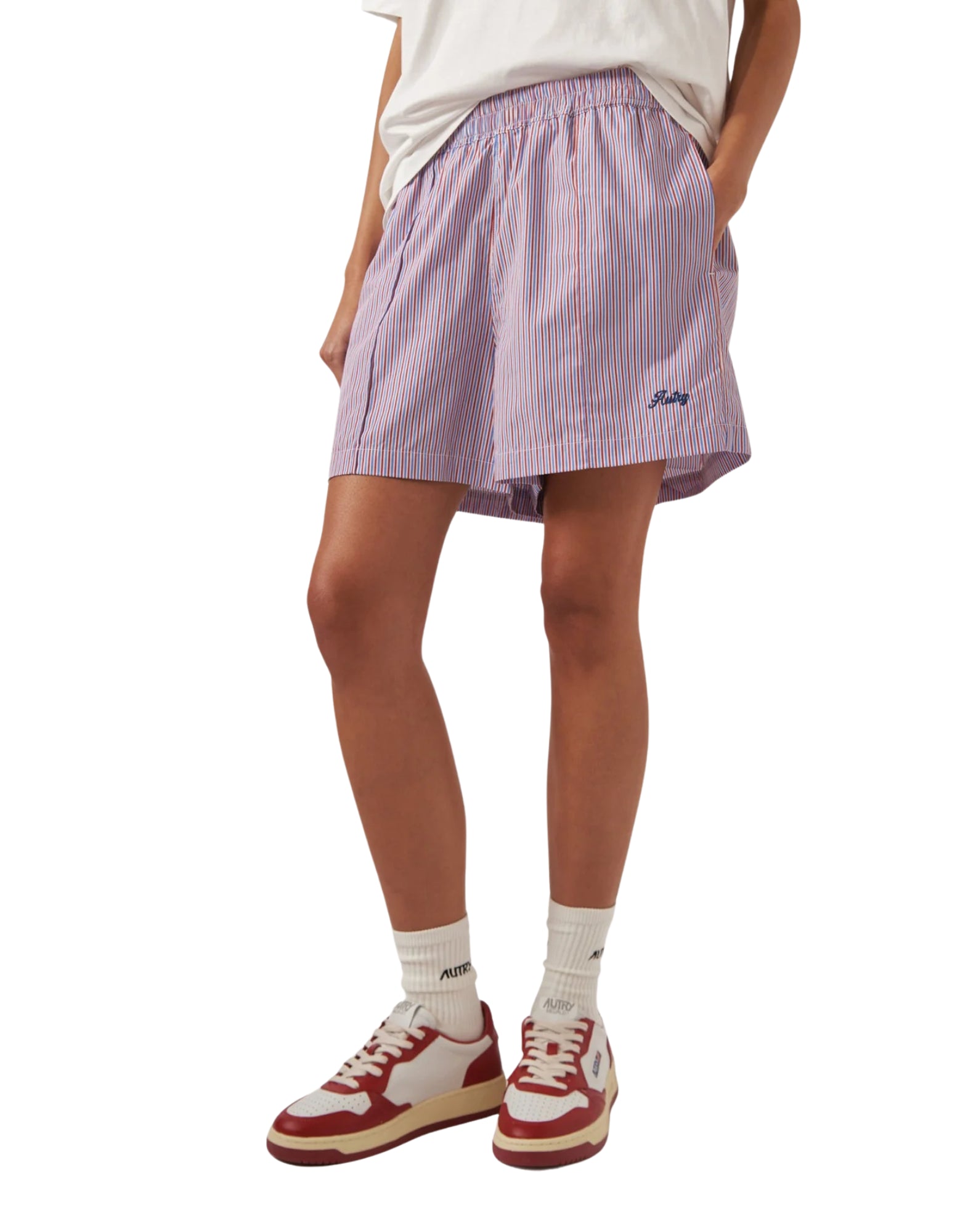 Autry Women’s Striped Poplin Shorts 100% Cotton Red Light Blue White SHPW 021T