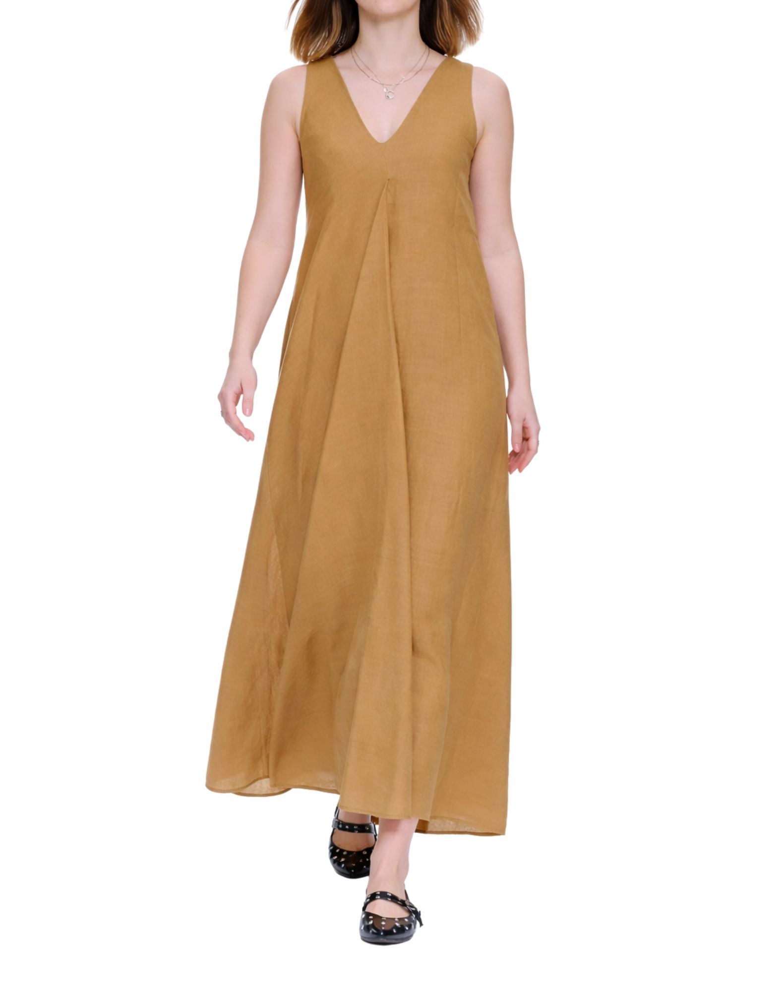 Hira Women’s Long Linen Dress Brown V-Neck Sleeveless Made in Italy W308 008