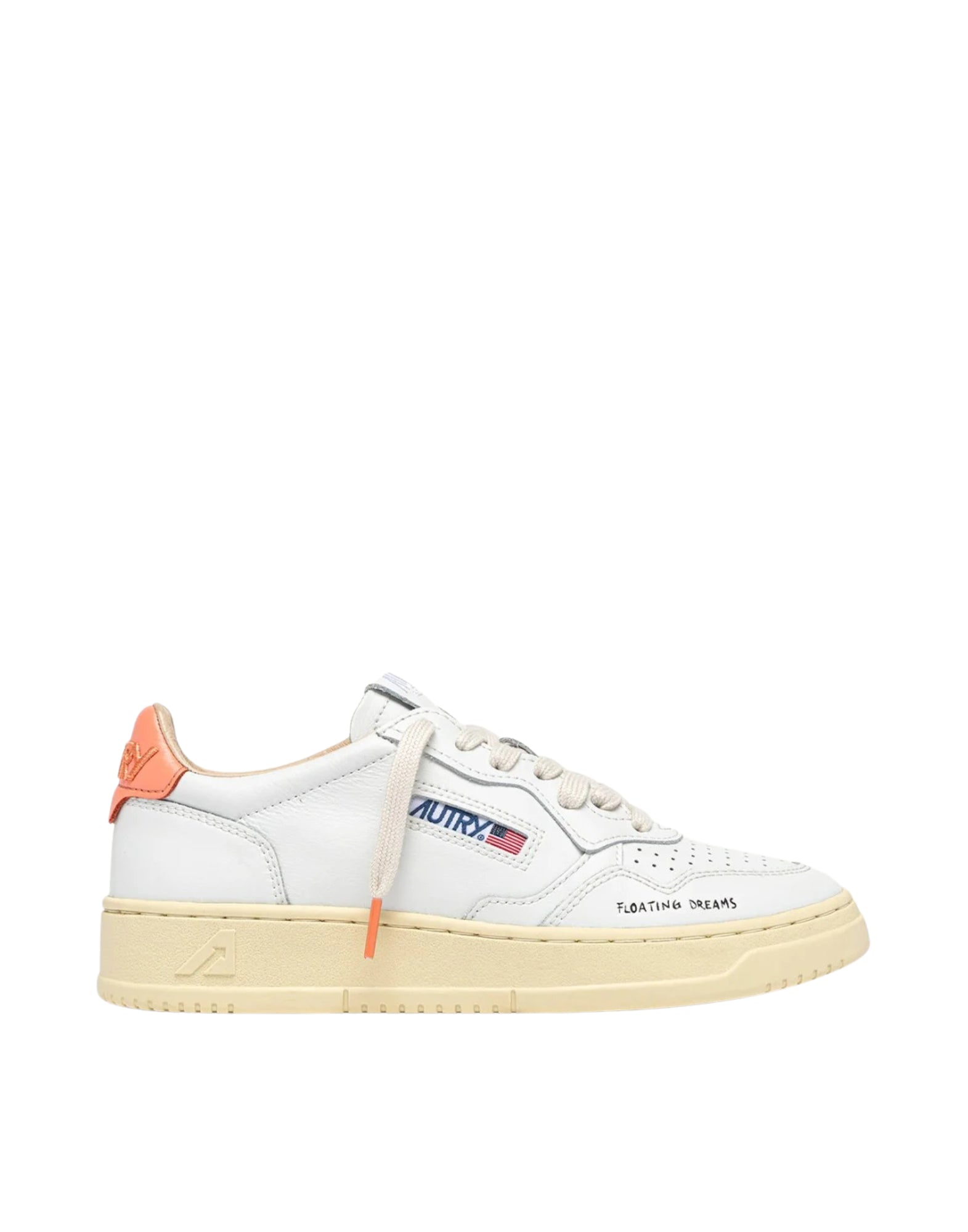 Autry Medalist Low Women’s Sneakers in White Leather and Peach Pink AULW DL03 WHT/PEACHP MEDALIST