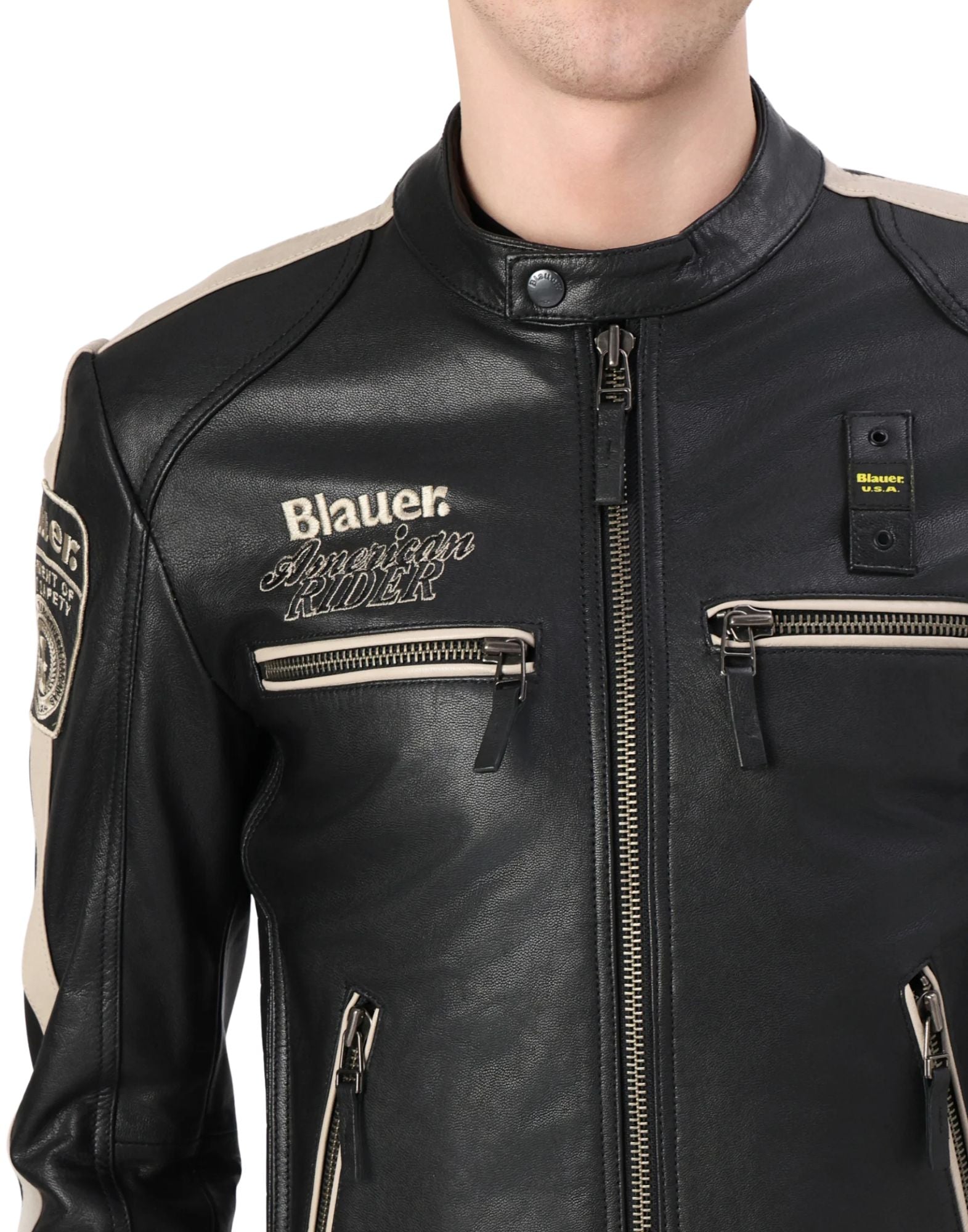 سترة جلدية من Blauer Garner باللون الأسود بقصة ضيقة وياقة واقفة للرجال 26SBLUL02439-007521 999