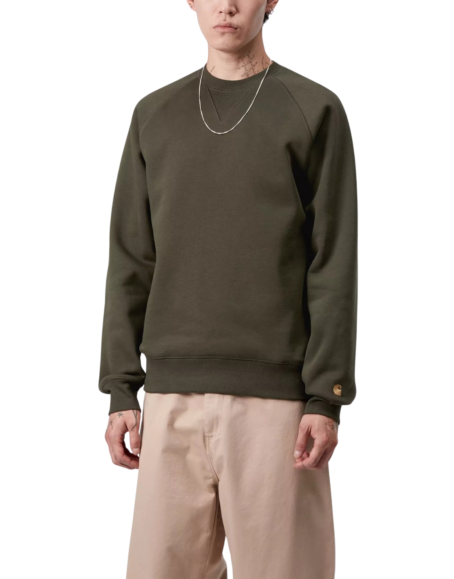 Carhartt WIP Chase 运动衫 – 男式拉绒抓绒圆领,橄榄色/金色 I033660 3CBXX 橄榄色 - 金色 CHASE 运动衫