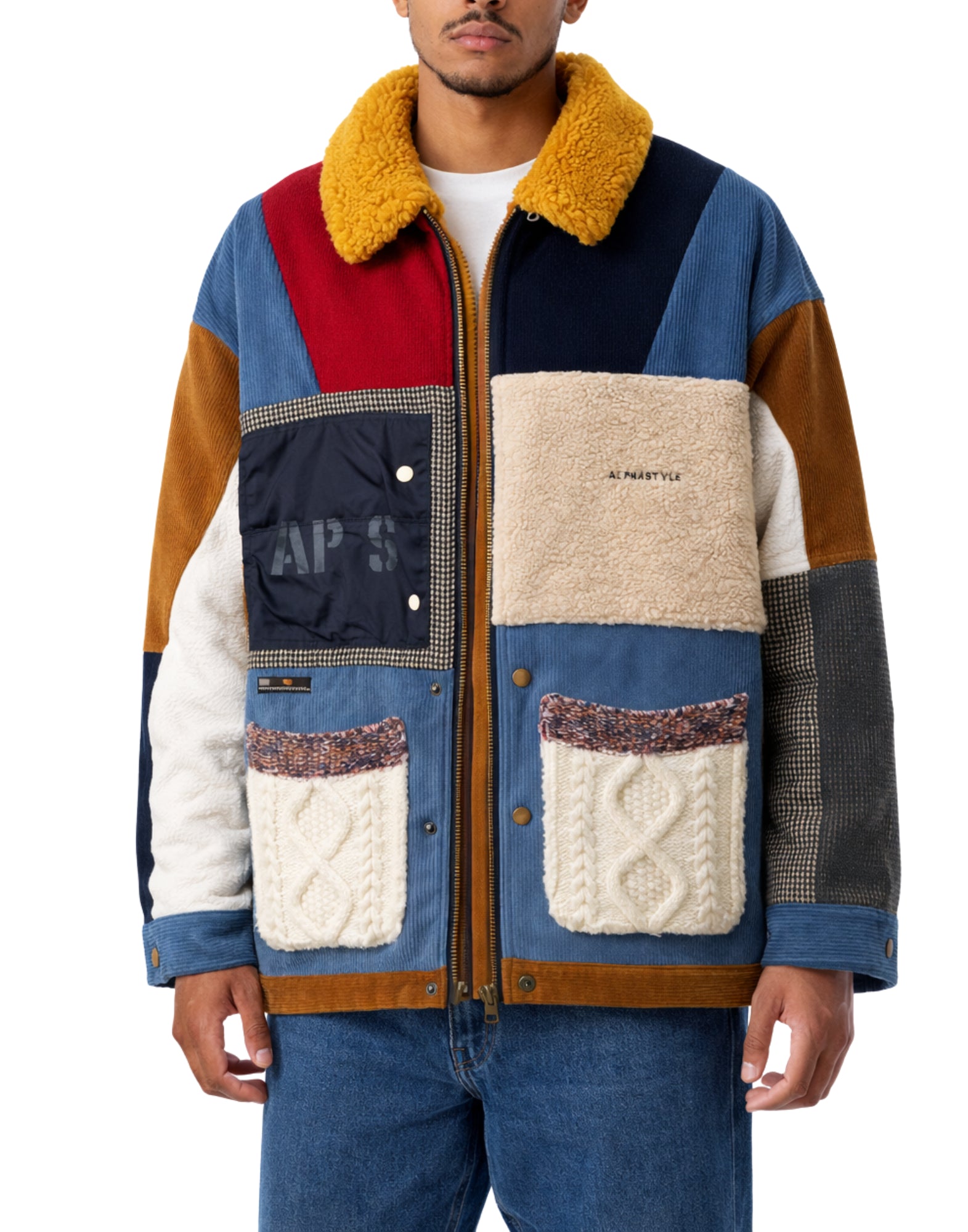 Chaqueta de hombre Alpha Style Patchwork multicolor con cuello teddy 3003 BLU AVORIO