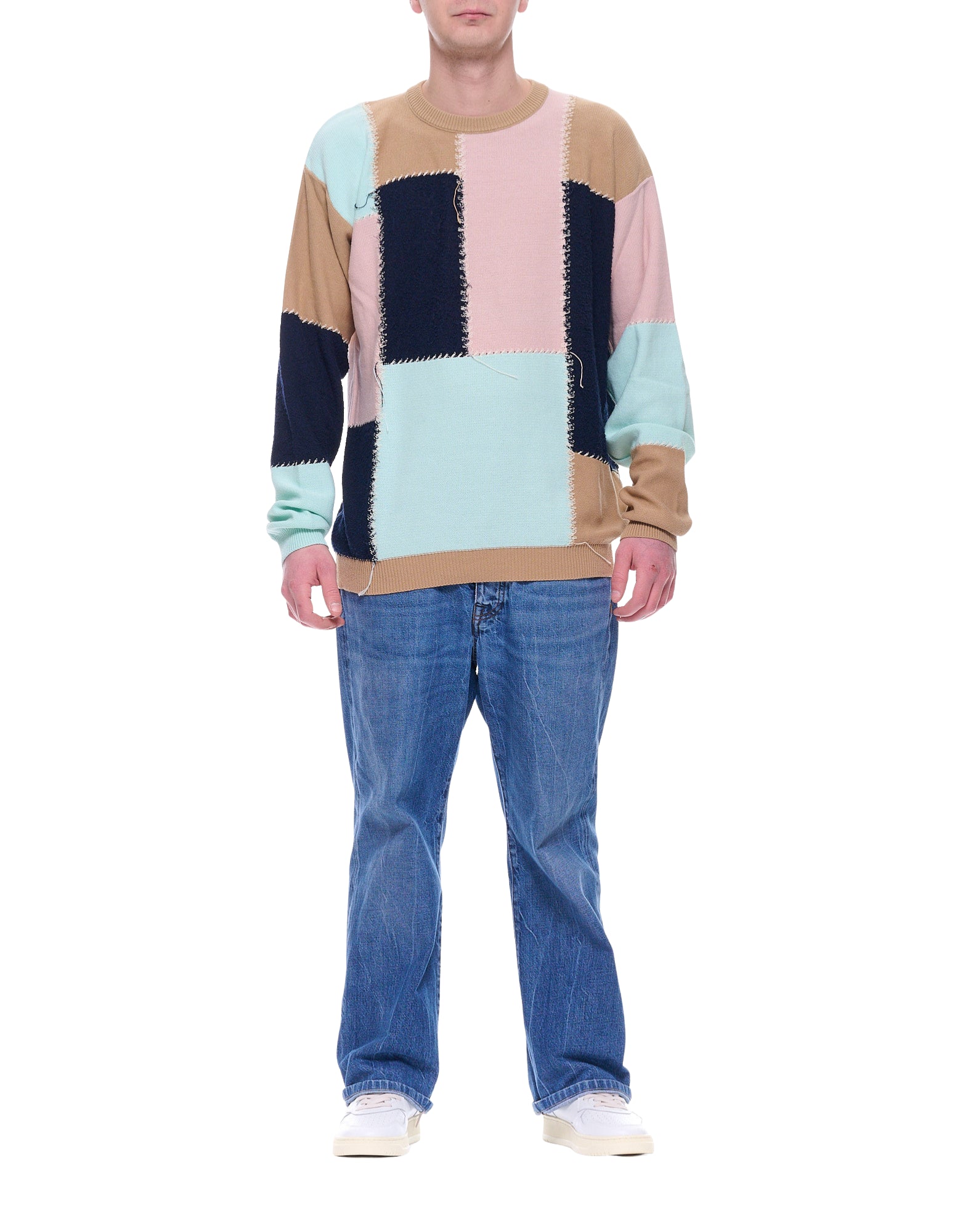 Atomofactory Men’s Patchwork Cotton Knit Sweater Multicolor Crew Neck PE23ATF059 CIELO