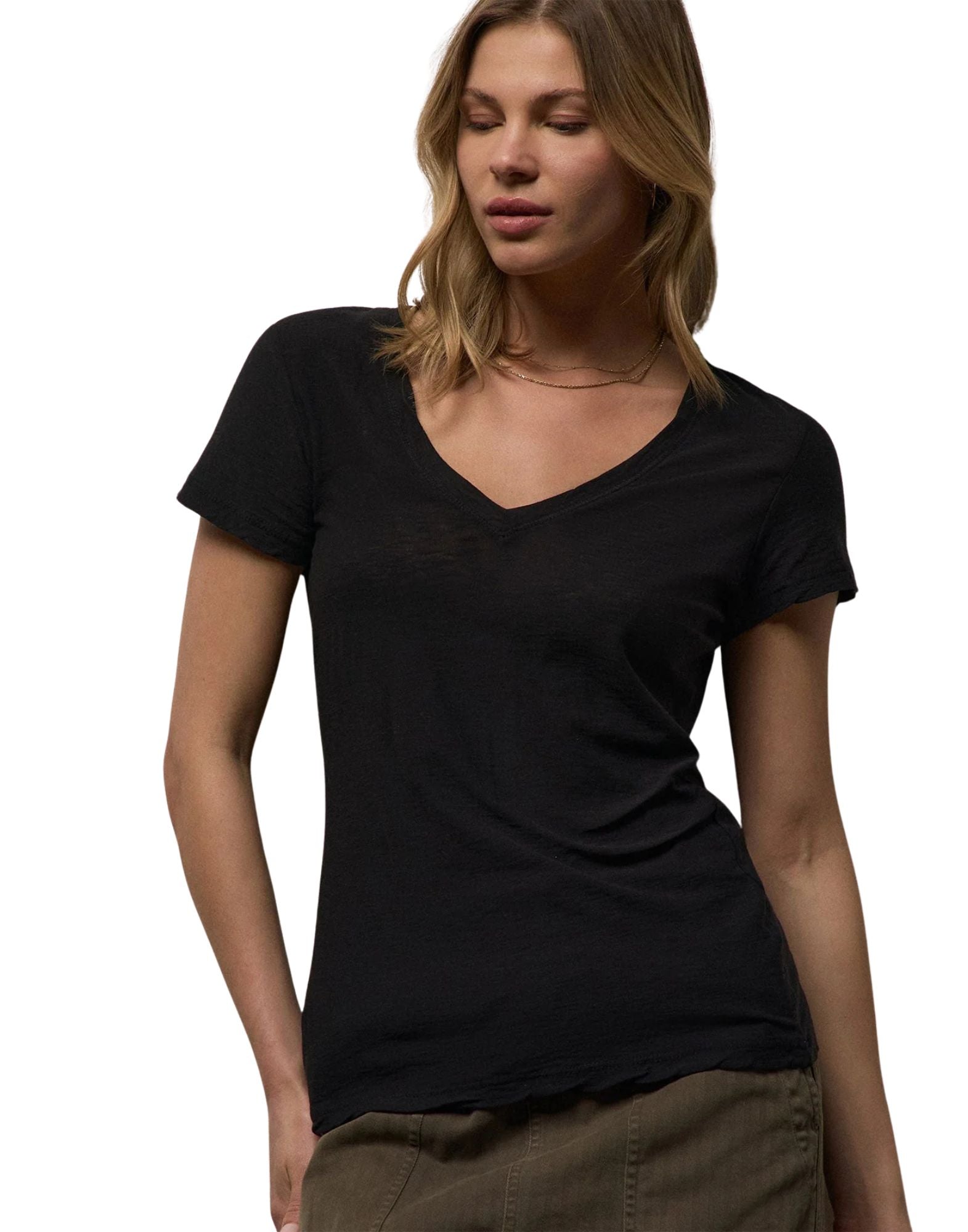 ames Perse Women's Sheer Slub Casual V Neck T-Shirt Black 100% Cotton Slim Fit WUA3695 BLK T-SHIRT