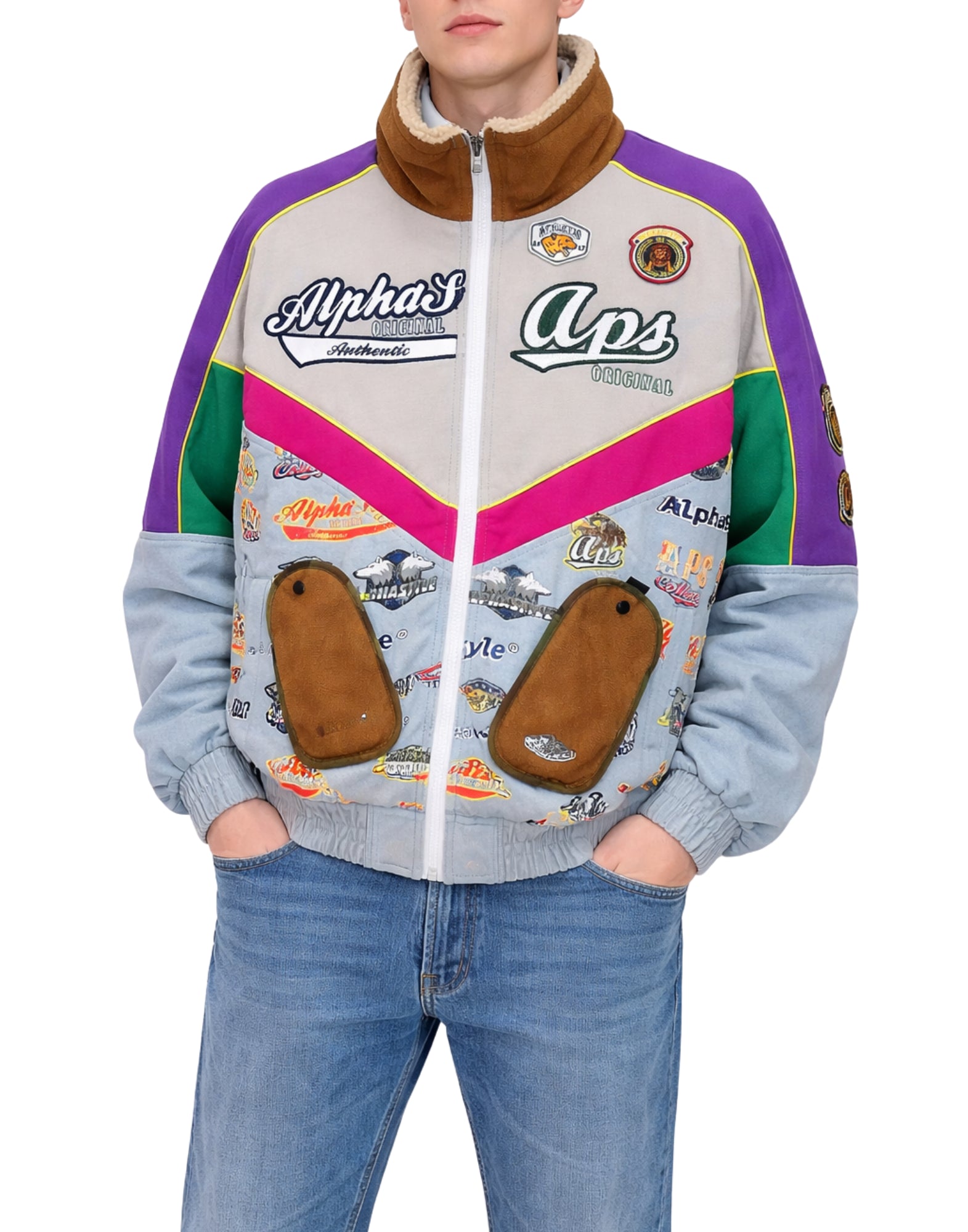 Giacca Patchwork da Uomo Alpha Style Multicolor con Zip e Collo Alto 3007 VIOLA