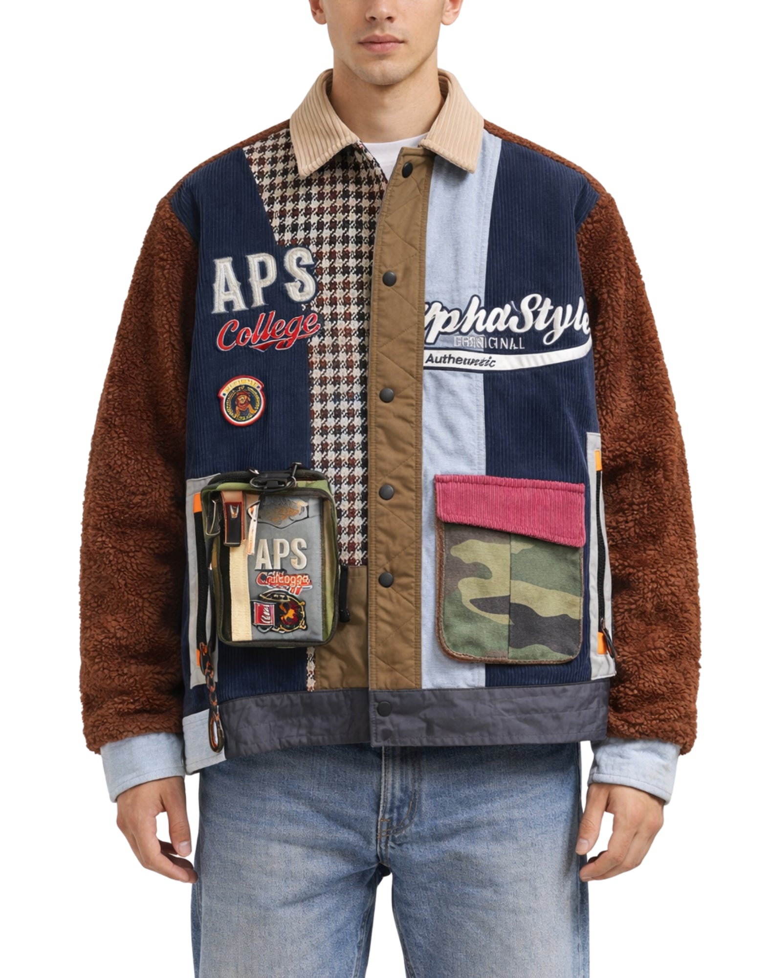 Veste patchwork pour hommes Alpha Style APS College en bleu et marron 3004 BLU MARRONE