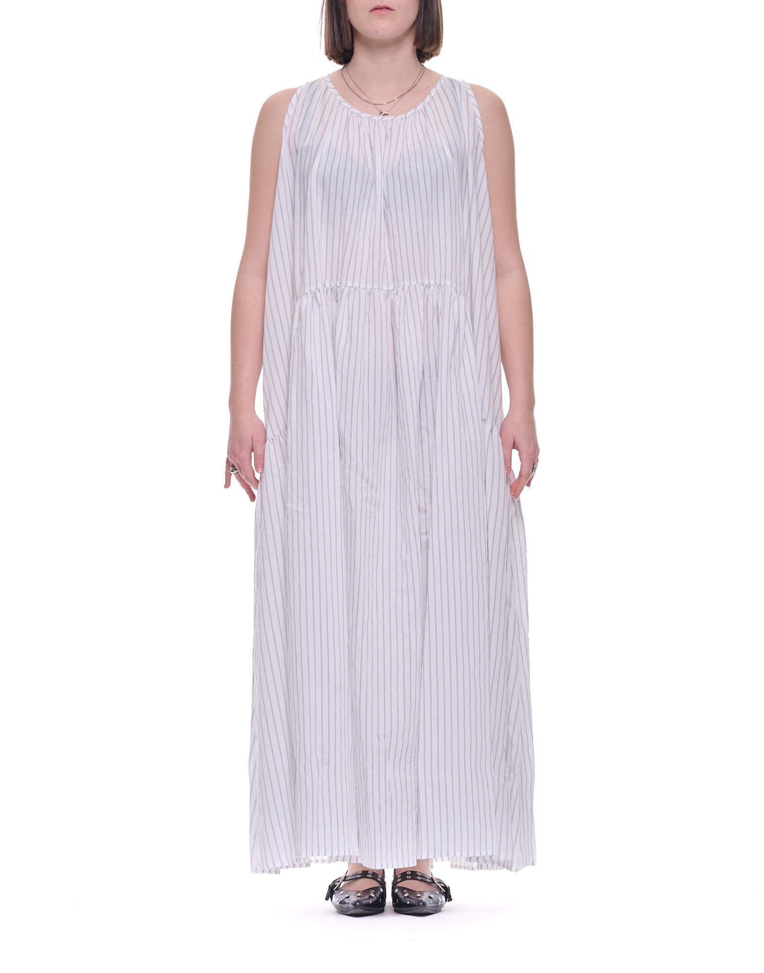 Women’s Black/White Striped Long Dress in Modal, Sleeveless, Wide Neckline, Button Closure M6EV00 R9110 STRIPED