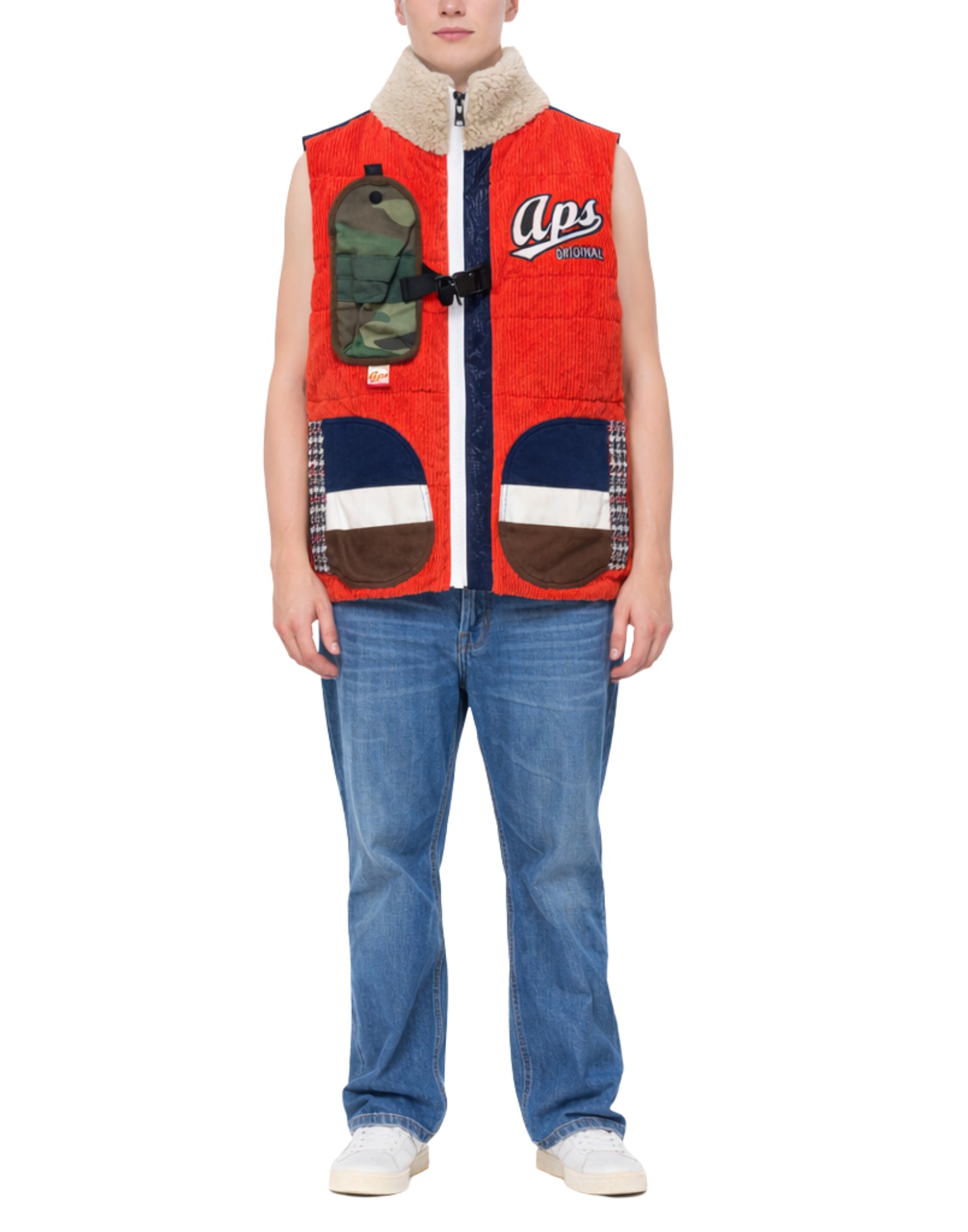 알파 스타일 남성용 코듀로이 조끼 오렌지 패치워크 디테일 3012 ROSSO