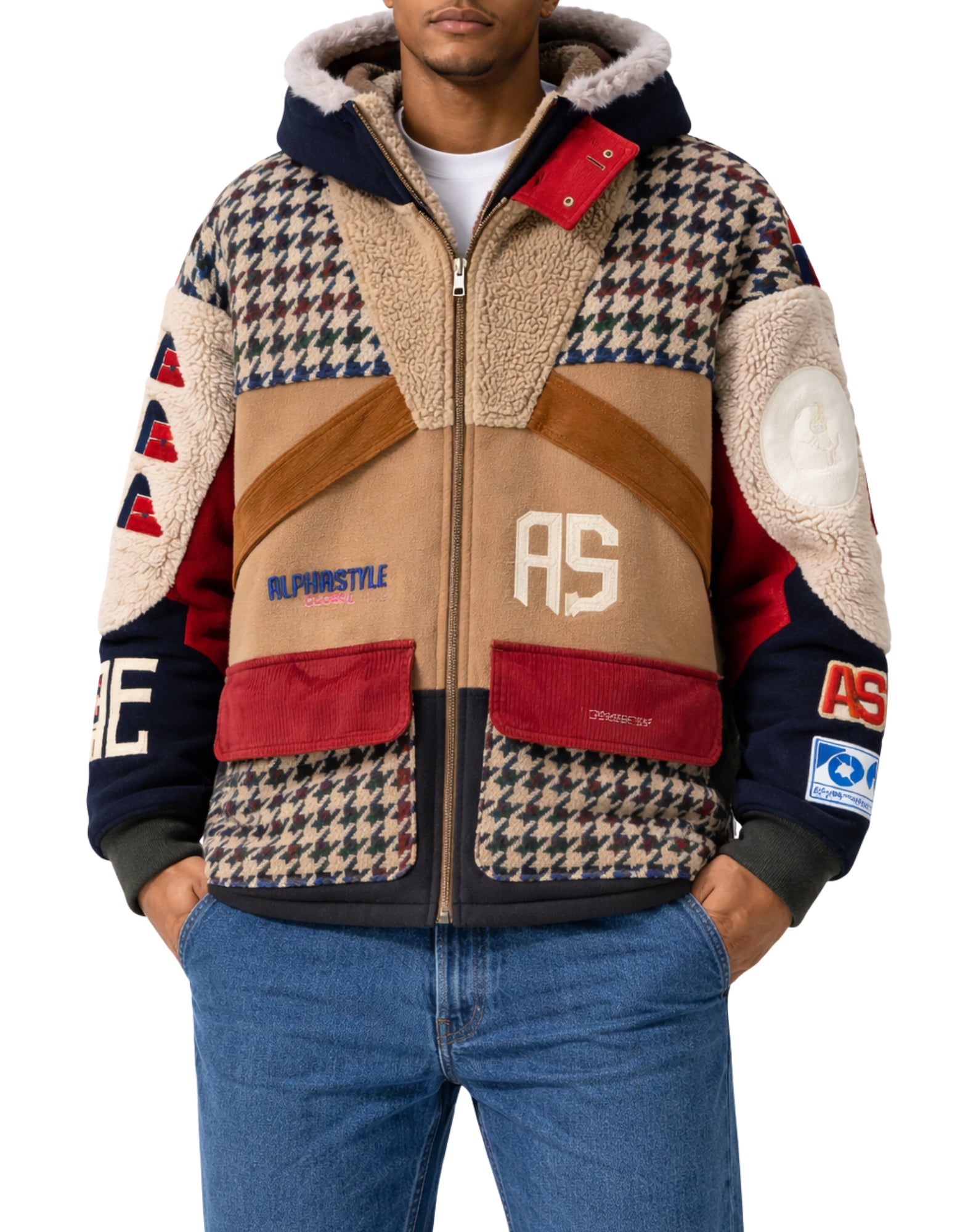 Alpha Style APS Veste patchwork en laine beige pour hommes avec capuche doublée 3031 BEIGE