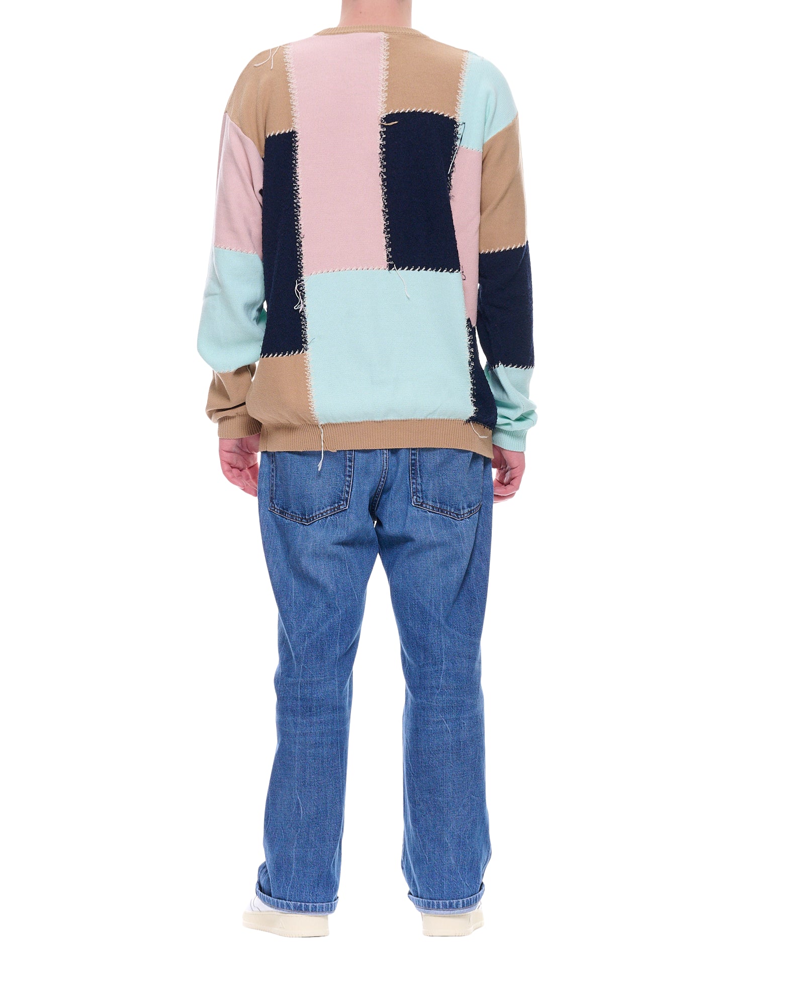 Atomofactory Men’s Patchwork Cotton Knit Sweater Multicolor Crew Neck PE23ATF059 CIELO