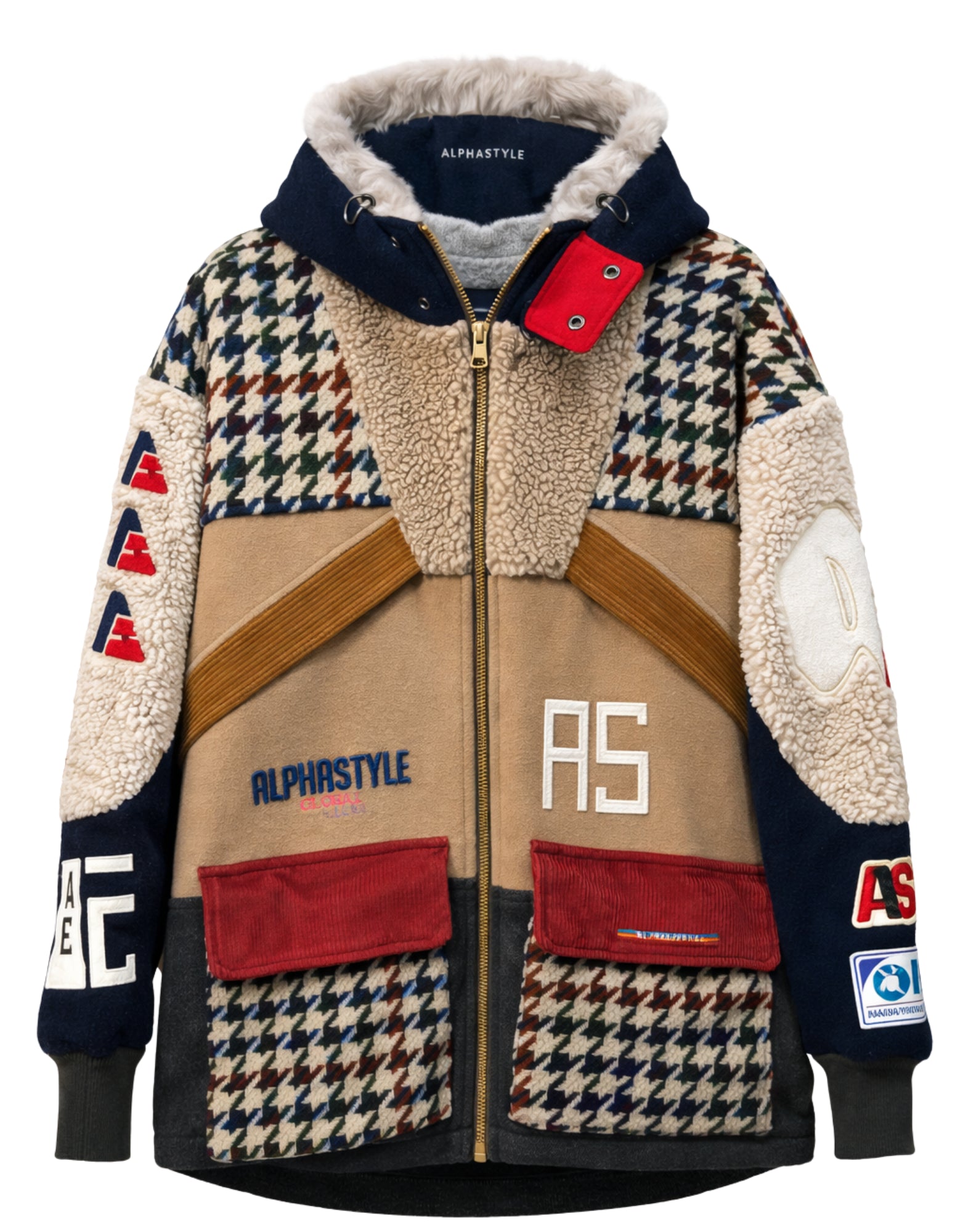 Alpha Style APS Veste patchwork en laine beige pour hommes avec capuche doublée 3031 BEIGE