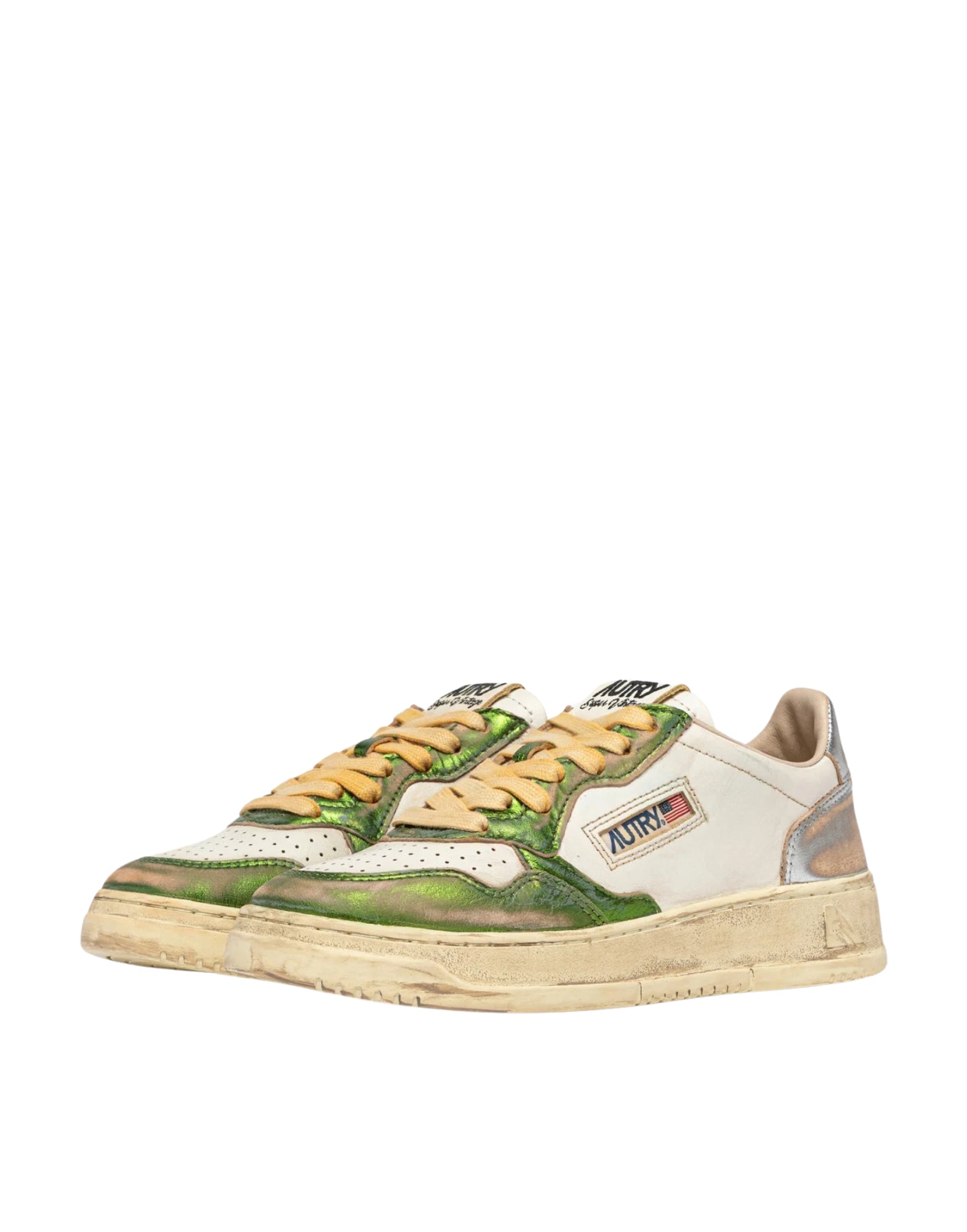 Autry Medalist Low Super Vintage Women’s Sneakers in Gun Leather and Green AVLM MT13 METALLIC/GREEN SUP VINT