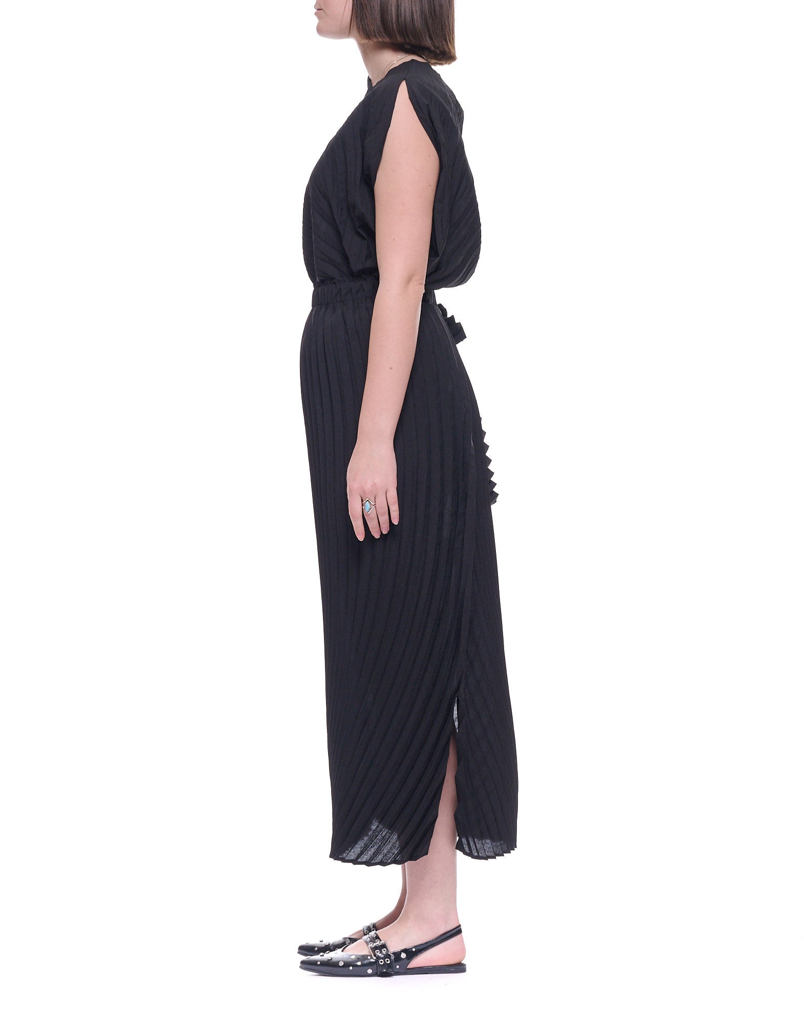 Meimeij Women’s Black Pleated Long Skirt in Polyester with High Elastic Waist E6/I/M6EY03 100 BLACK