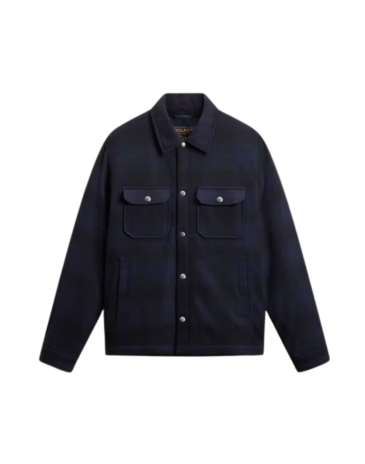 Giacca Woolrich Alaskan Check Blue Hunting, vista frontale con due tasche applicate e bottoni a pressione CFWOOS2018MBUT3046_3983