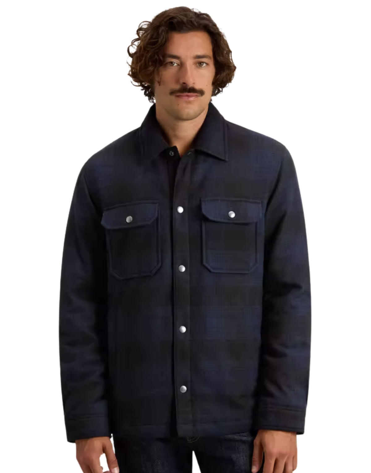 Woolrich Alaskan Check Blue Hunting jacket, front worn view with two flap pockets and snap fasteners