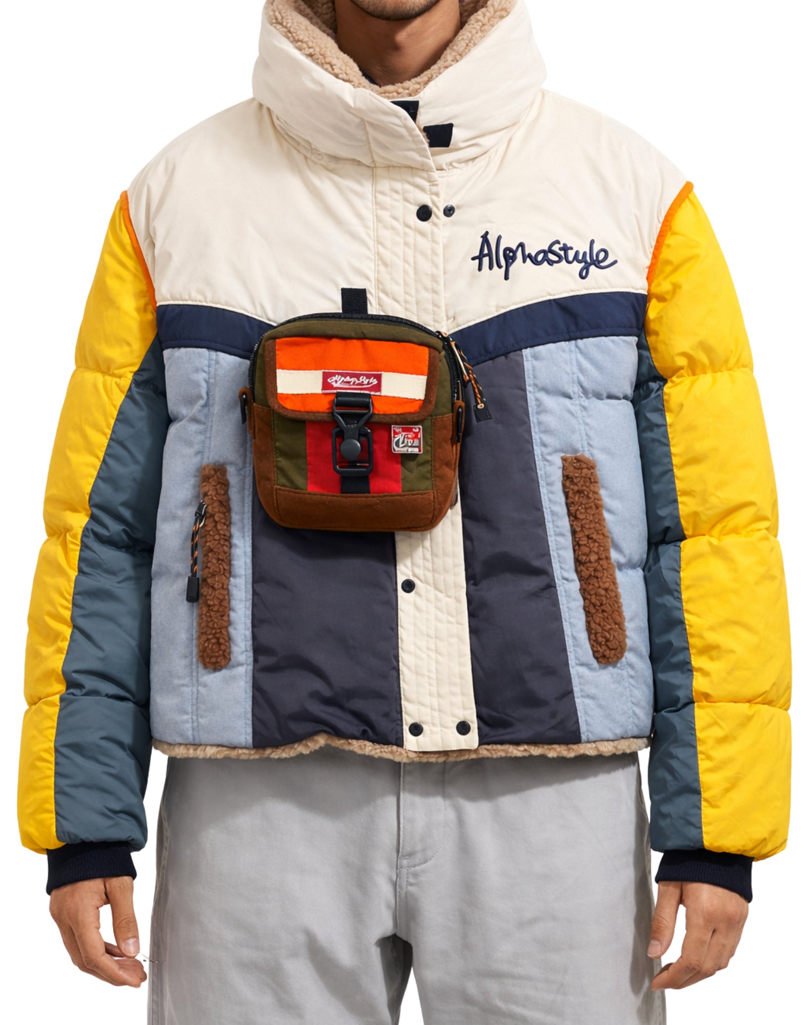 Chaqueta acolchada de nailon con capucha Alpha Style APS para hombre en color blanco, amarillo y azul 3001 BIANCO BLU