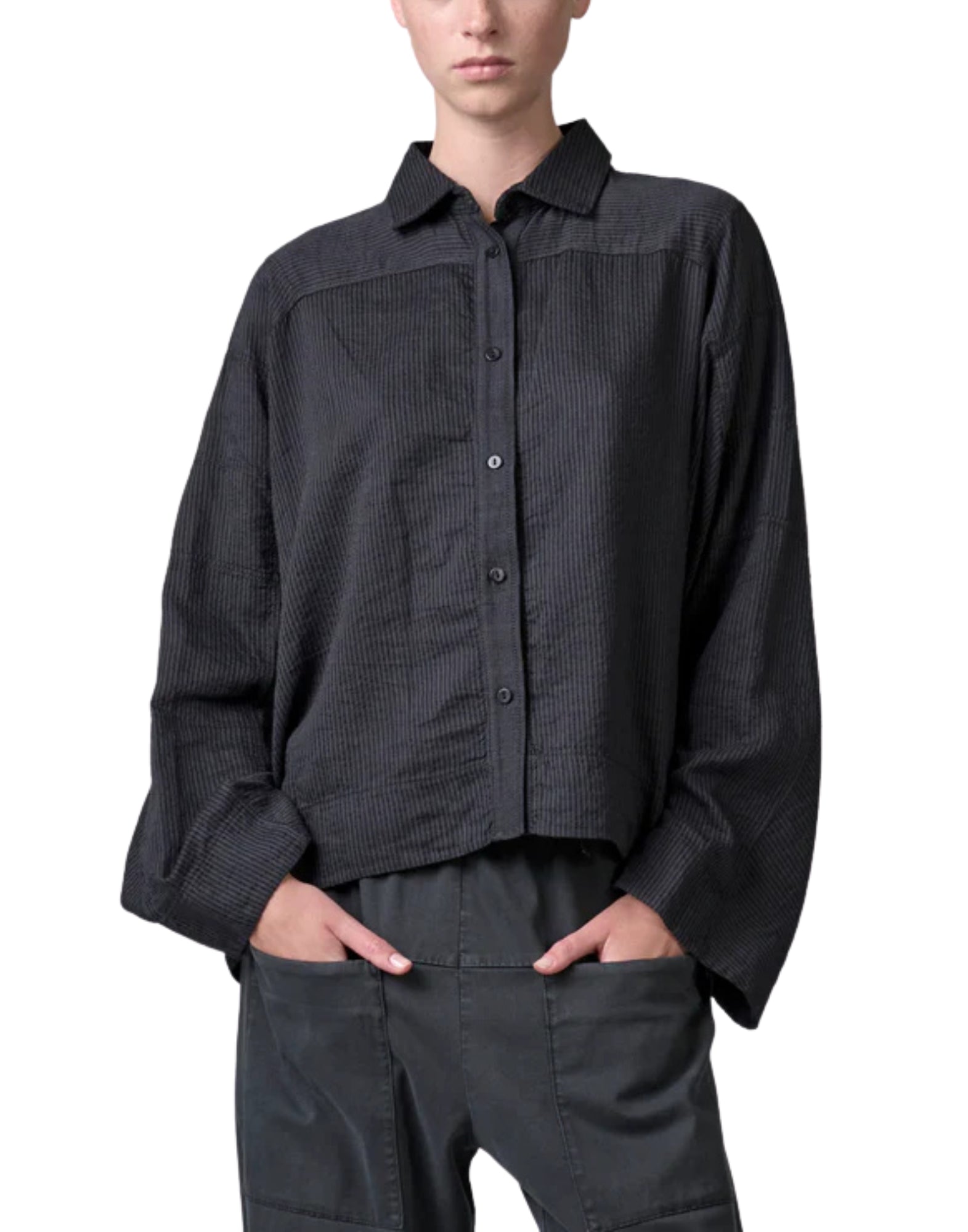 Transit Women’s Oversize Shirt in Cotton Linen Stripe Anthracite Made in Italy CFDTRBE140 ANTHRACITE