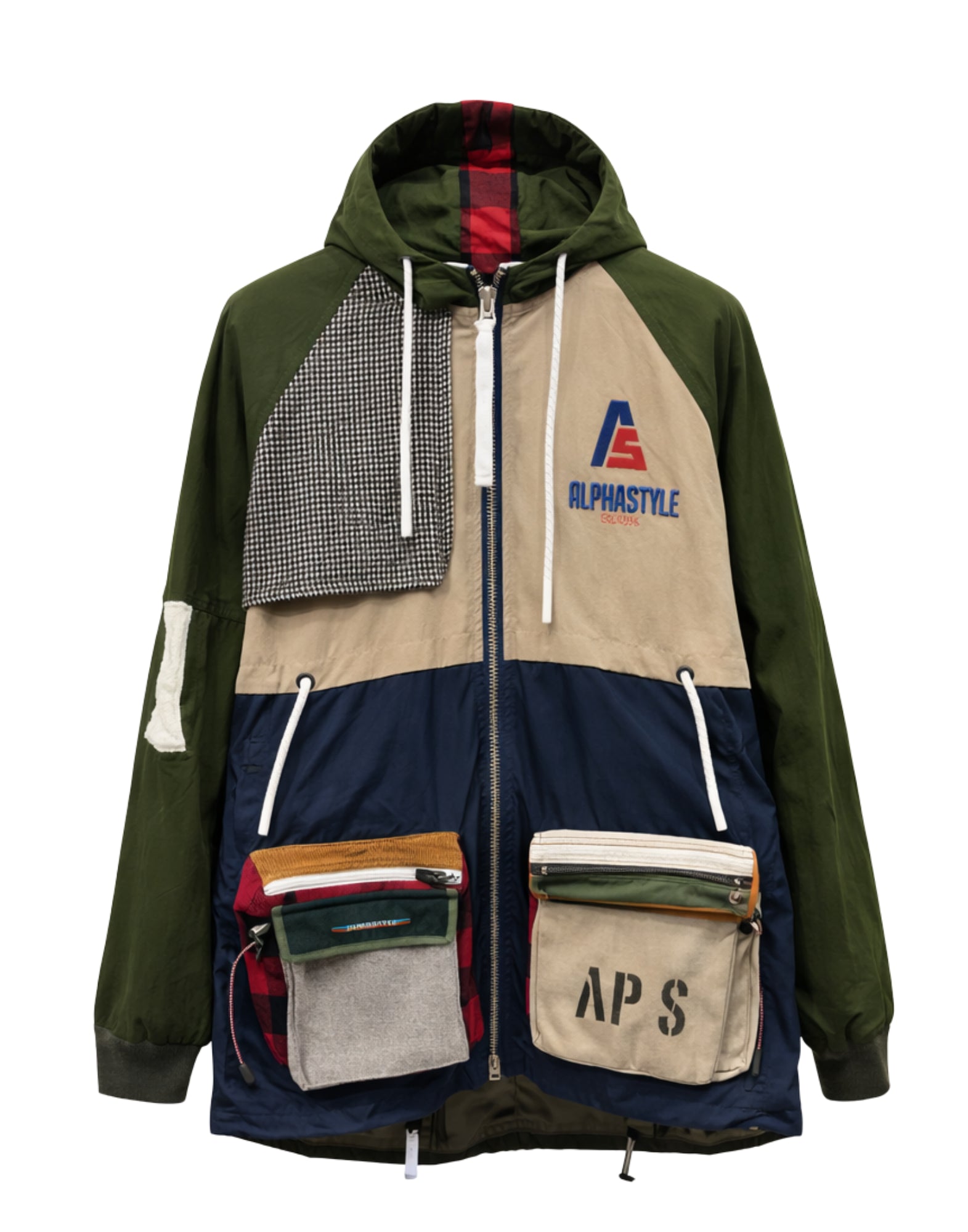 Parka Patchwork Homme Alpha Style Multicolore avec Capuche et Zip 3027 VERDE