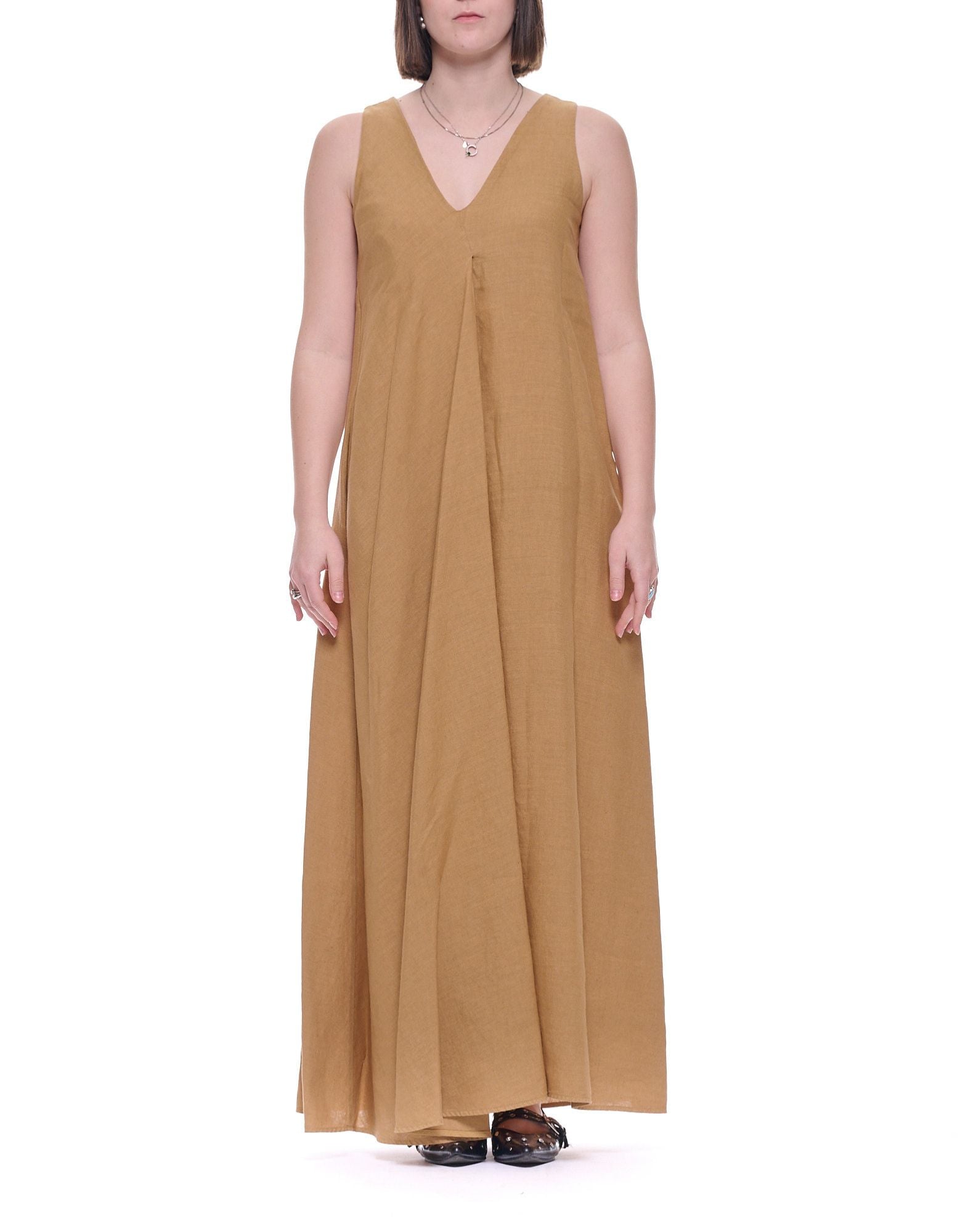 Robe longue en lin pour femme Hira Marron Col en V Sans manches Fabriqué en Italie W308 008