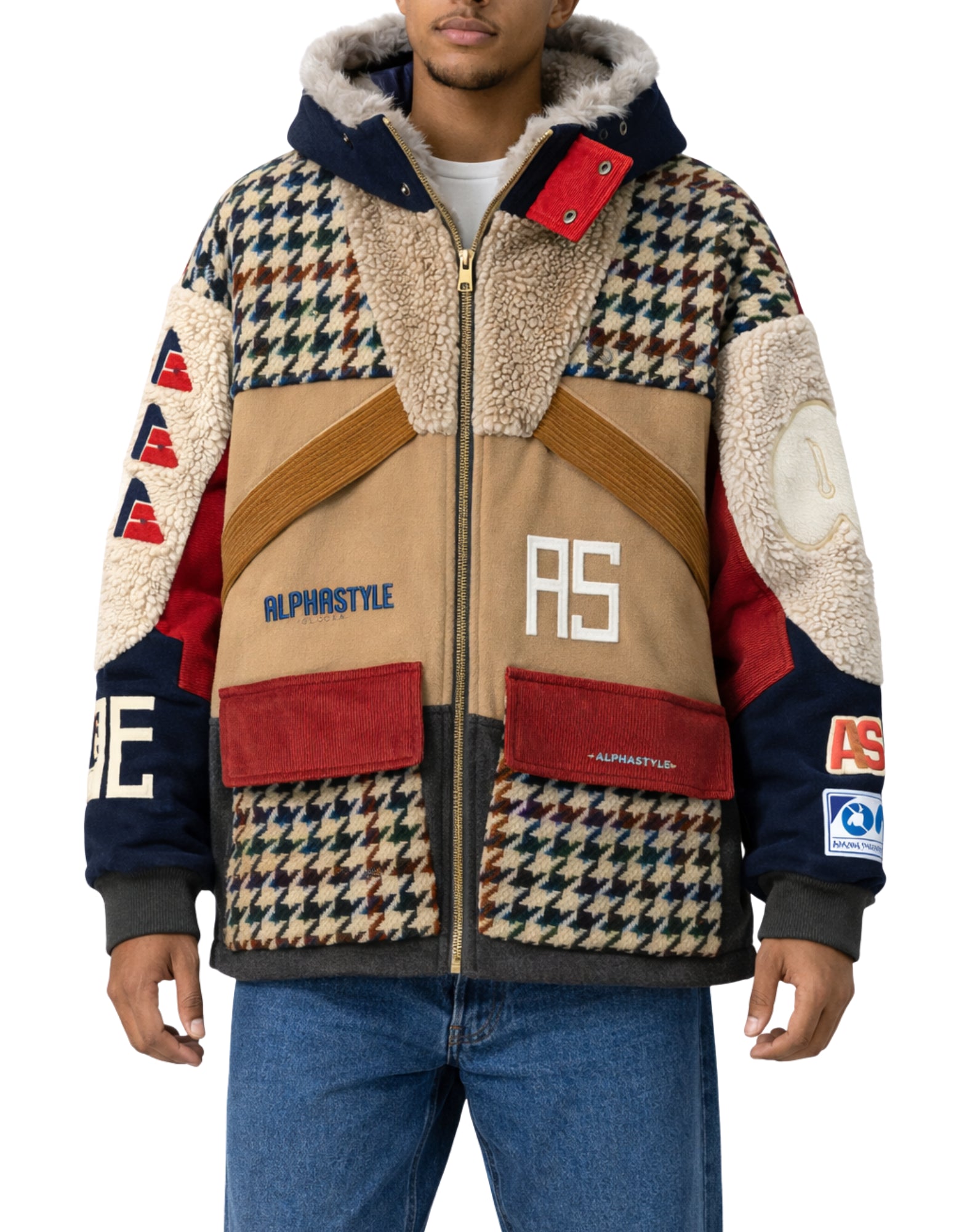 Chaqueta de hombre Alpha Style APS de patchwork de lana beige con capucha forrada 3031 BEIGE