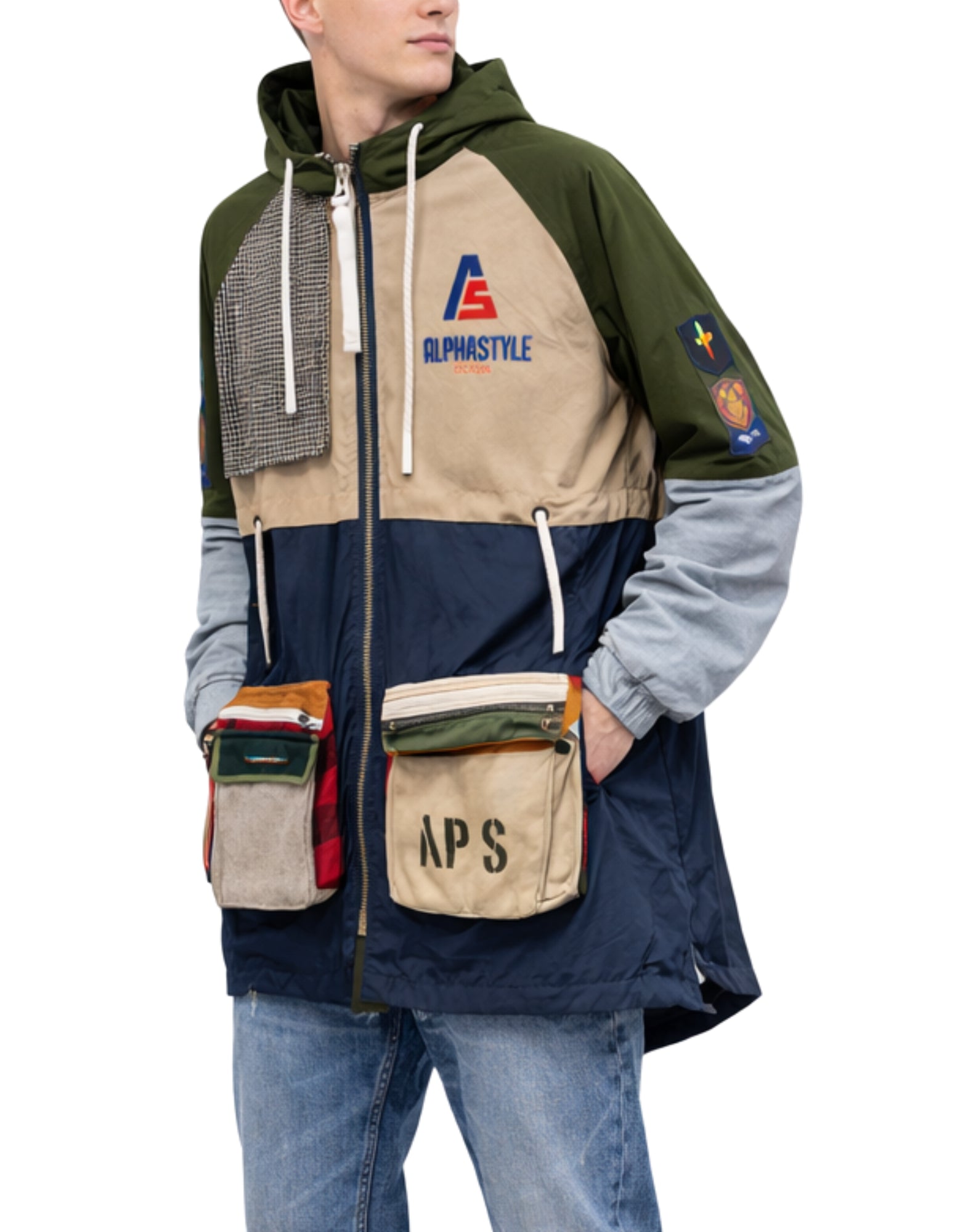 Parka Patchwork Homme Alpha Style Multicolore avec Capuche et Zip 3027 VERDE