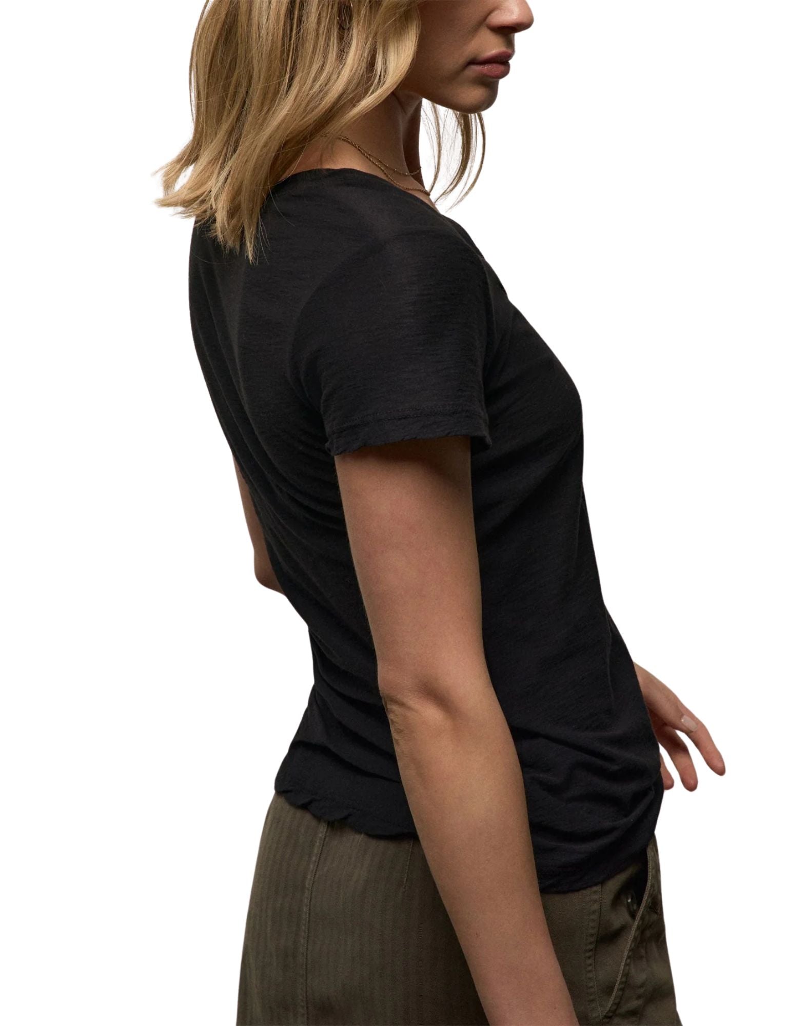 ames Perse Women's Sheer Slub Casual V Neck T-Shirt Black 100% Cotton Slim Fit WUA3695 BLK T-SHIRT