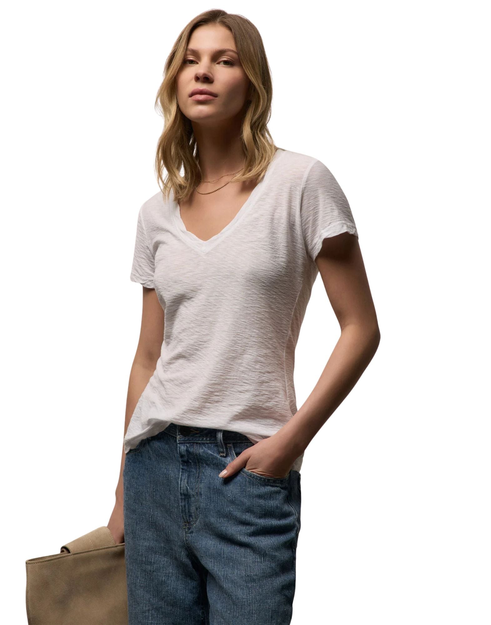 James Perse Women's Sheer Slub Casual V Neck T-Shirt White 100% Cotton Slim Fit WUA3695 WHT T-SHIRT