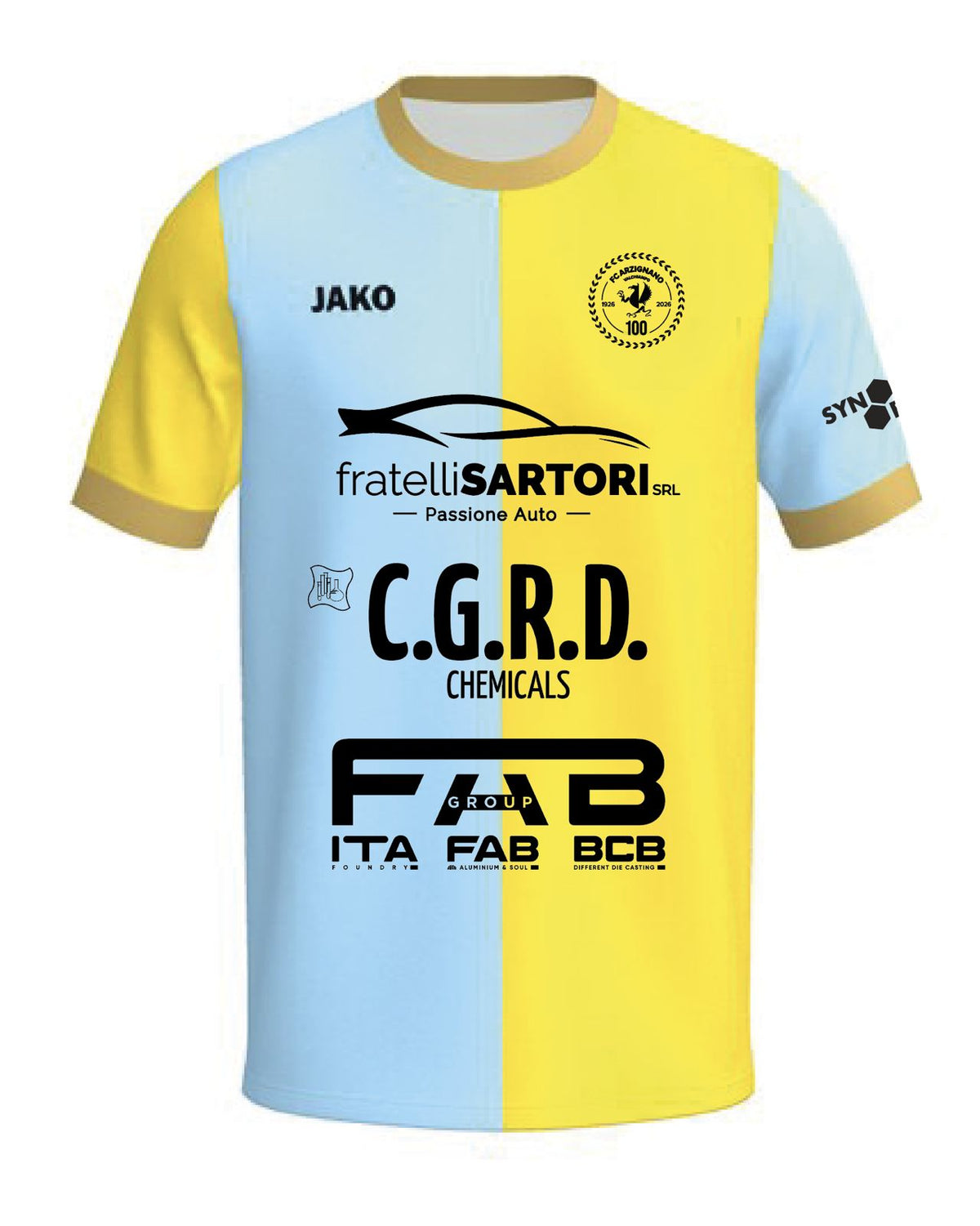 Maglia Home FC Arzignano Valchiampo Centenario 2026/27 JAKO, fronte giallo e celeste con stemma dei 100 anni e sponsor ufficiali